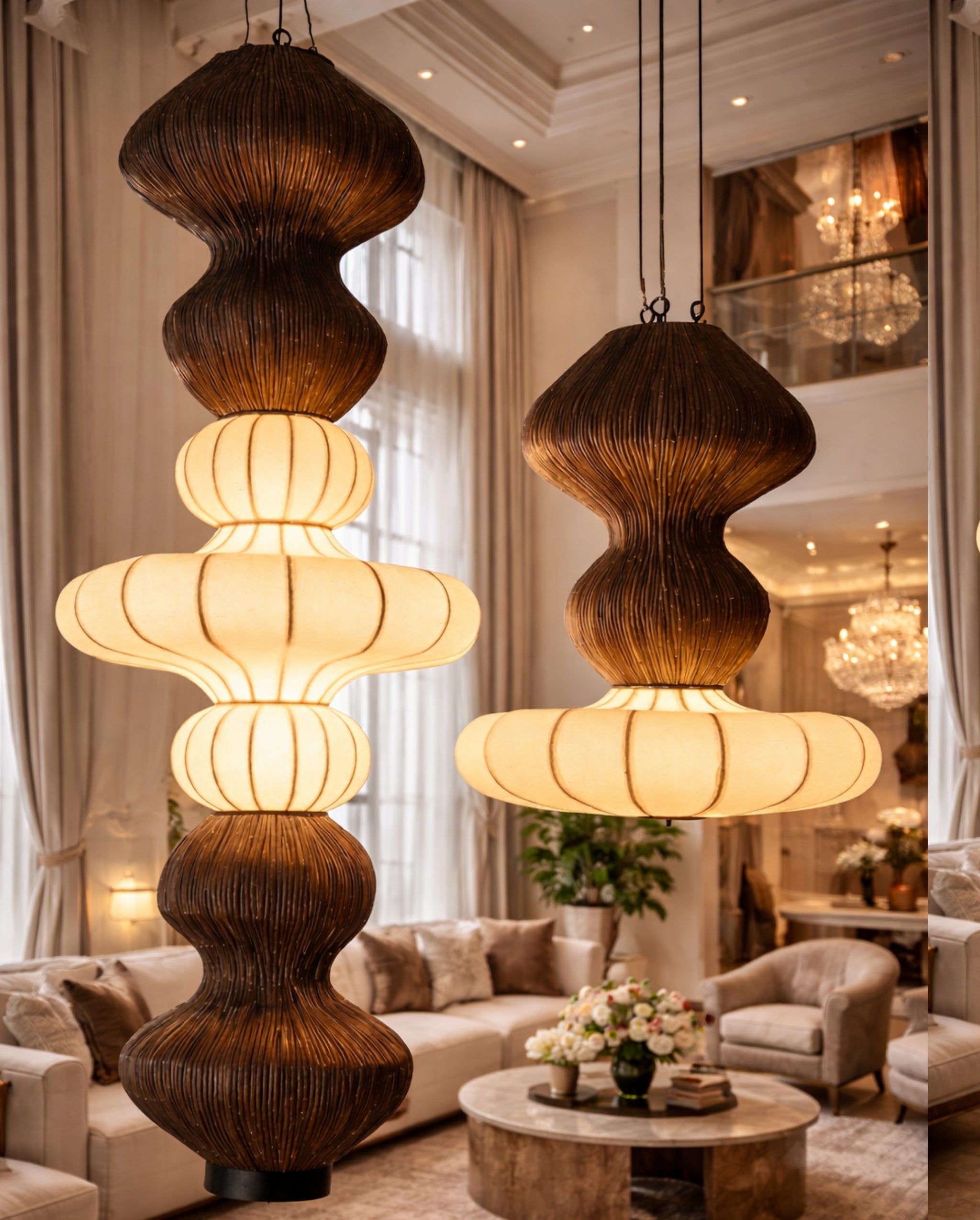 White Fabric & Rattan Japanese Style Hanging Lamp Set of 2 | Living Room, Bedroom, Hotel, Residential Space LP-101