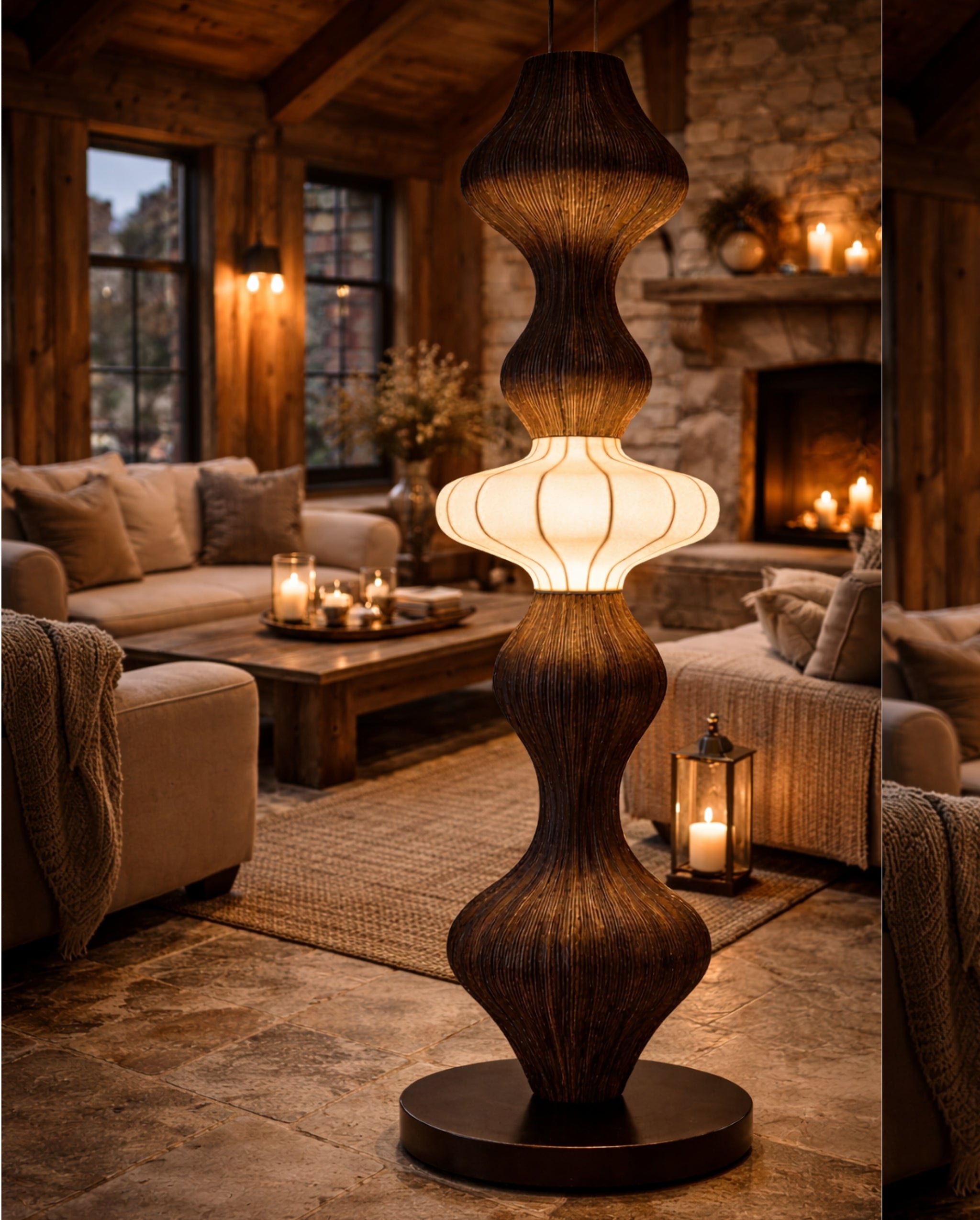 White Fabric & Rattan Japanese Style Floor Lamp | Living Room, Bedroom, Hotel, Residential Space LP-102