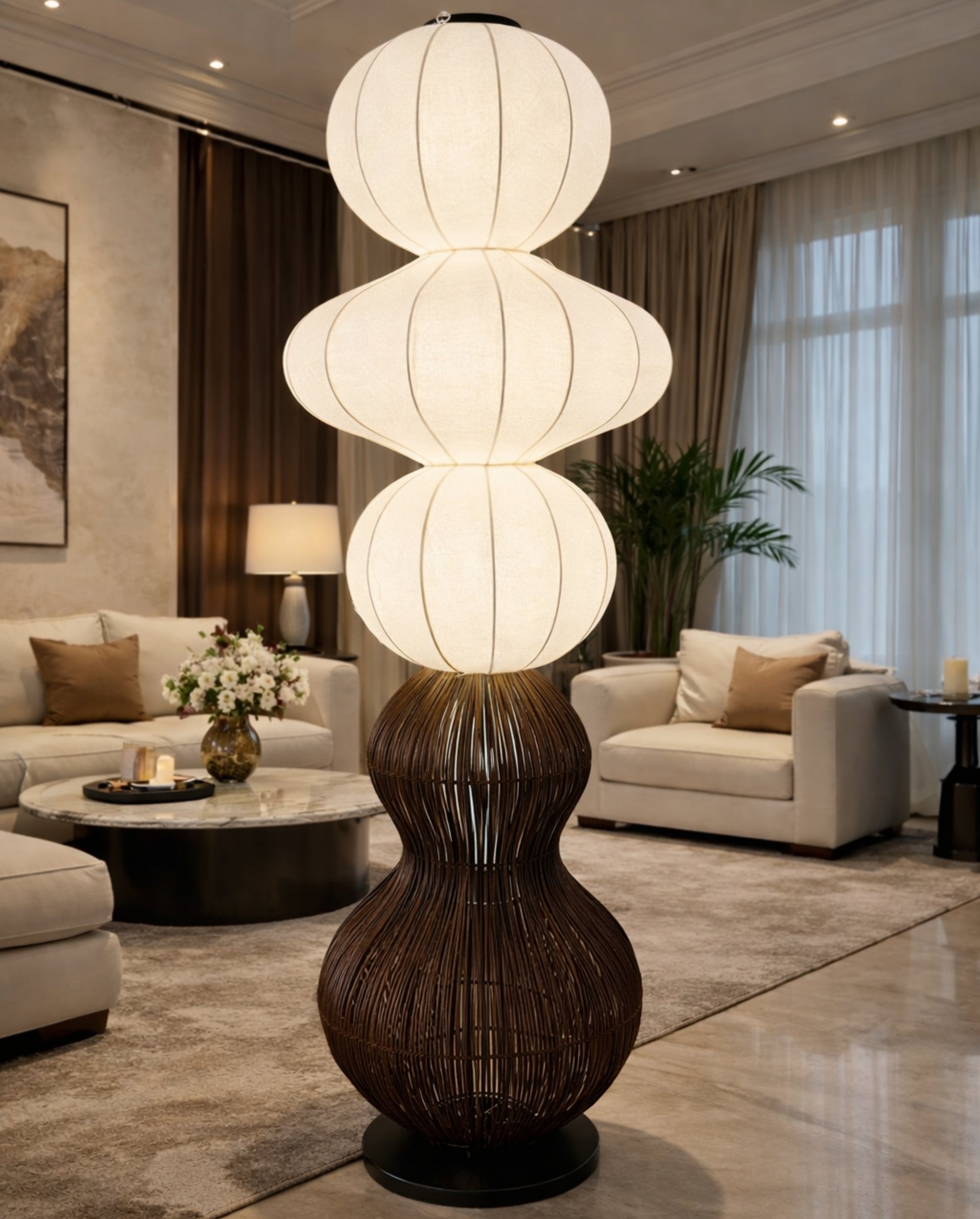 White Fabric & Rattan Japanese Style Floor Lamp | Living Room, Bedroom, Hotel, Residential Space LP-99