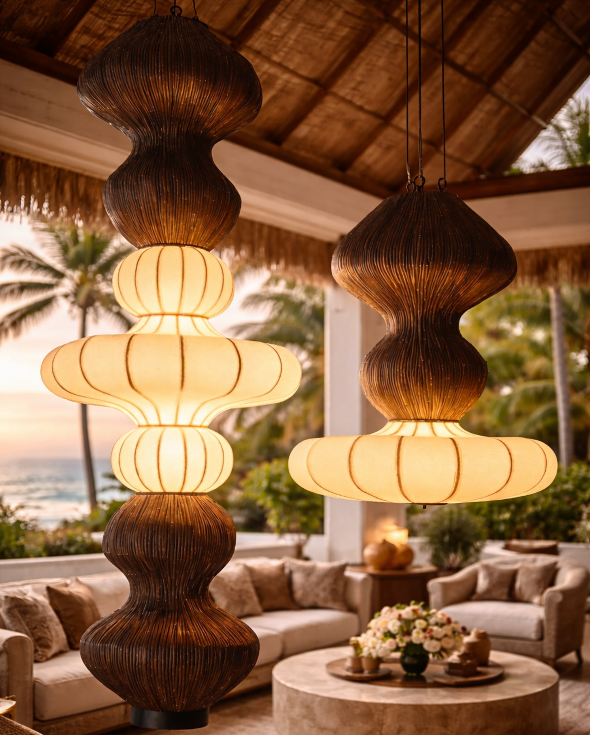 White Fabric & Rattan Japanese Style Hanging Lamp Set of 2 | Living Room, Bedroom, Hotel, Residential Space LP-101