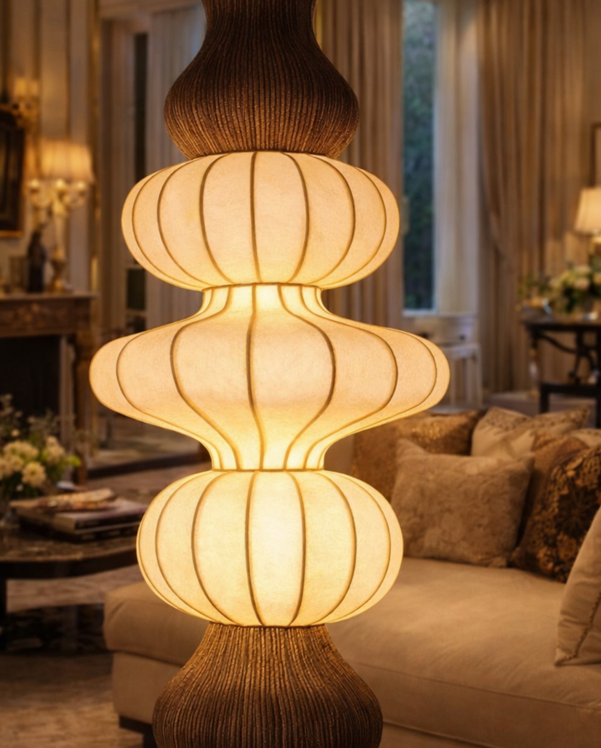 White Fabric & Rattan Japanese Style Floor Lamp | Living Room, Bedroom, Hotel, Residential Space LP-103