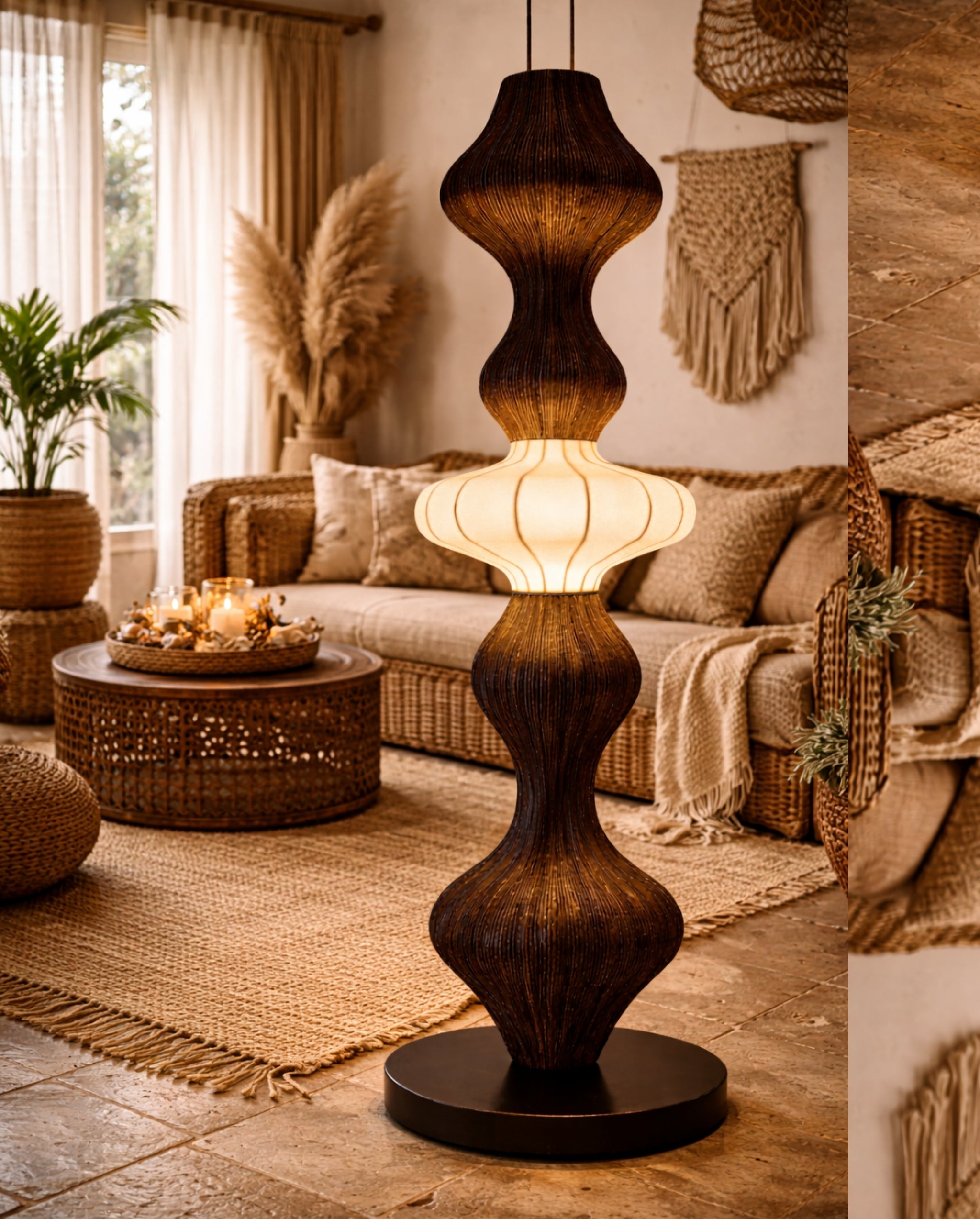 White Fabric & Rattan Japanese Style Floor Lamp | Living Room, Bedroom, Hotel, Residential Space LP-102