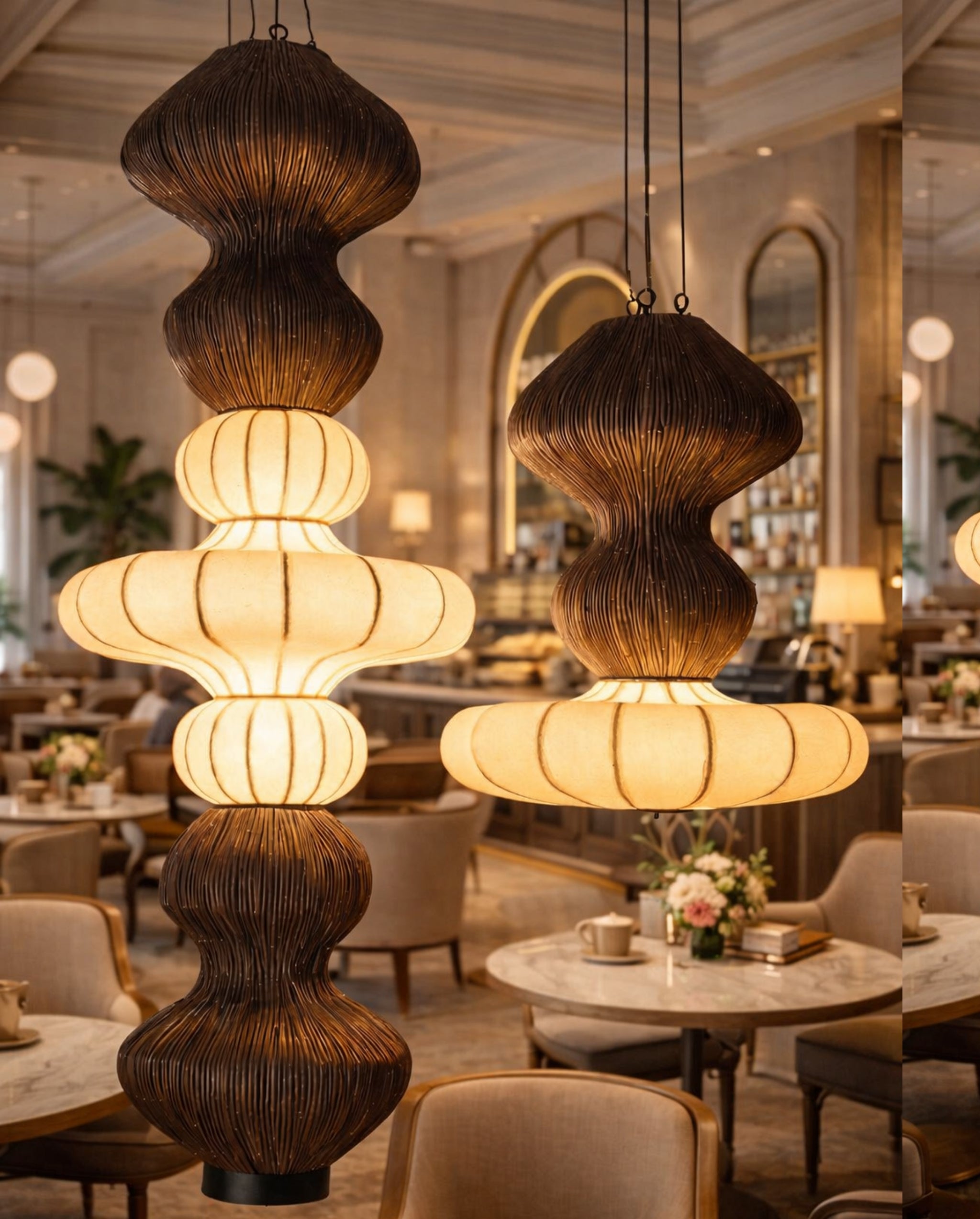 White Fabric & Rattan Japanese Style Hanging Lamp Set of 2 | Living Room, Bedroom, Hotel, Residential Space LP-101