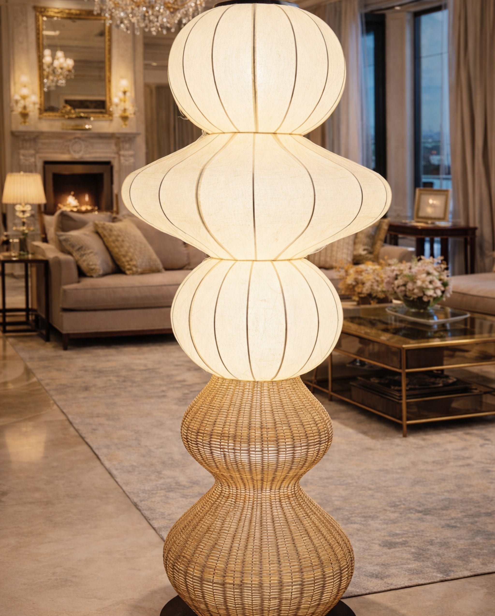 White Fabric & Rattan Japanese Style Floor Lamp | Living Room, Bedroom, Hotel, Residential Space LP-98