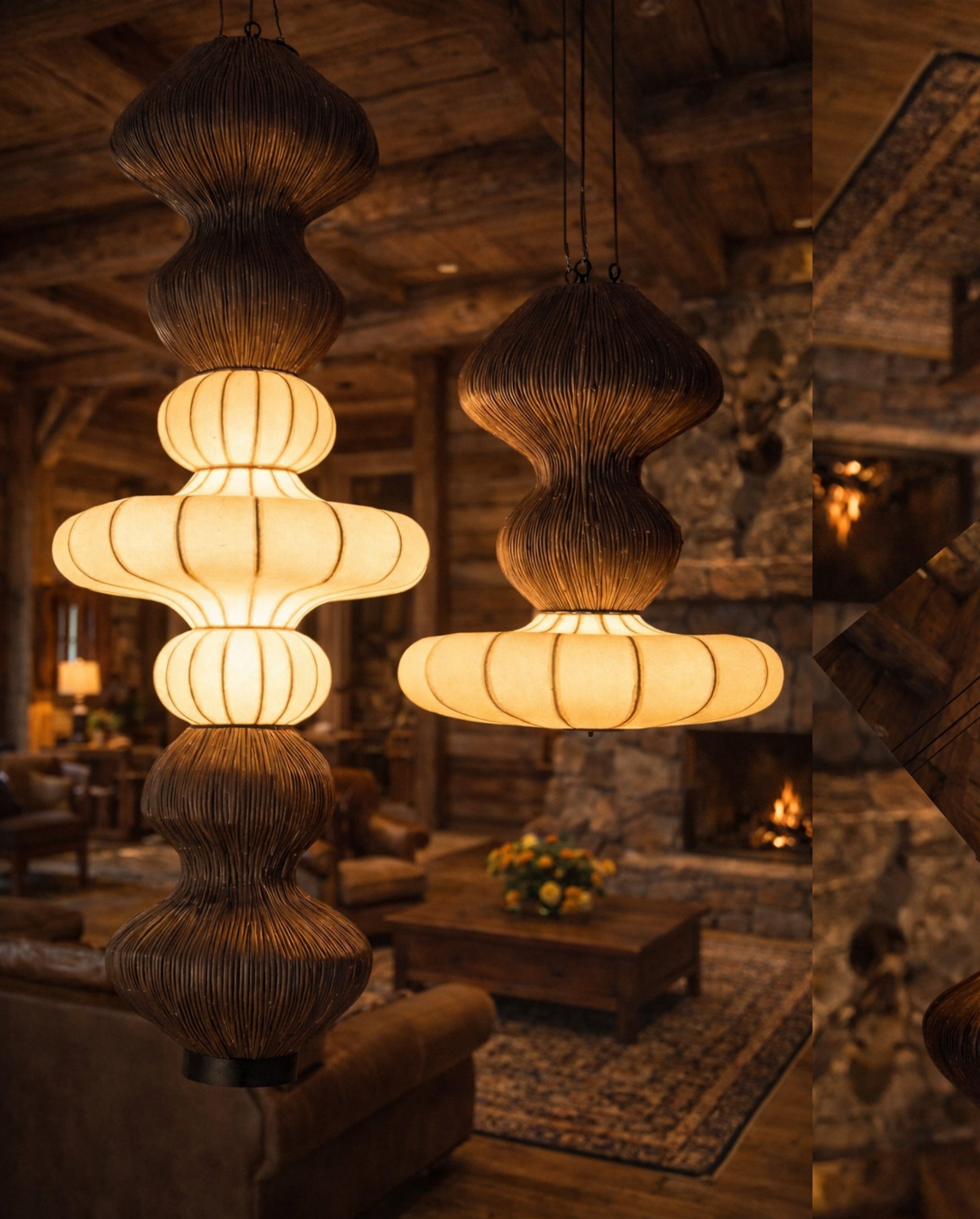 White Fabric & Rattan Japanese Style Hanging Lamp Set of 2 | Living Room, Bedroom, Hotel, Residential Space LP-101