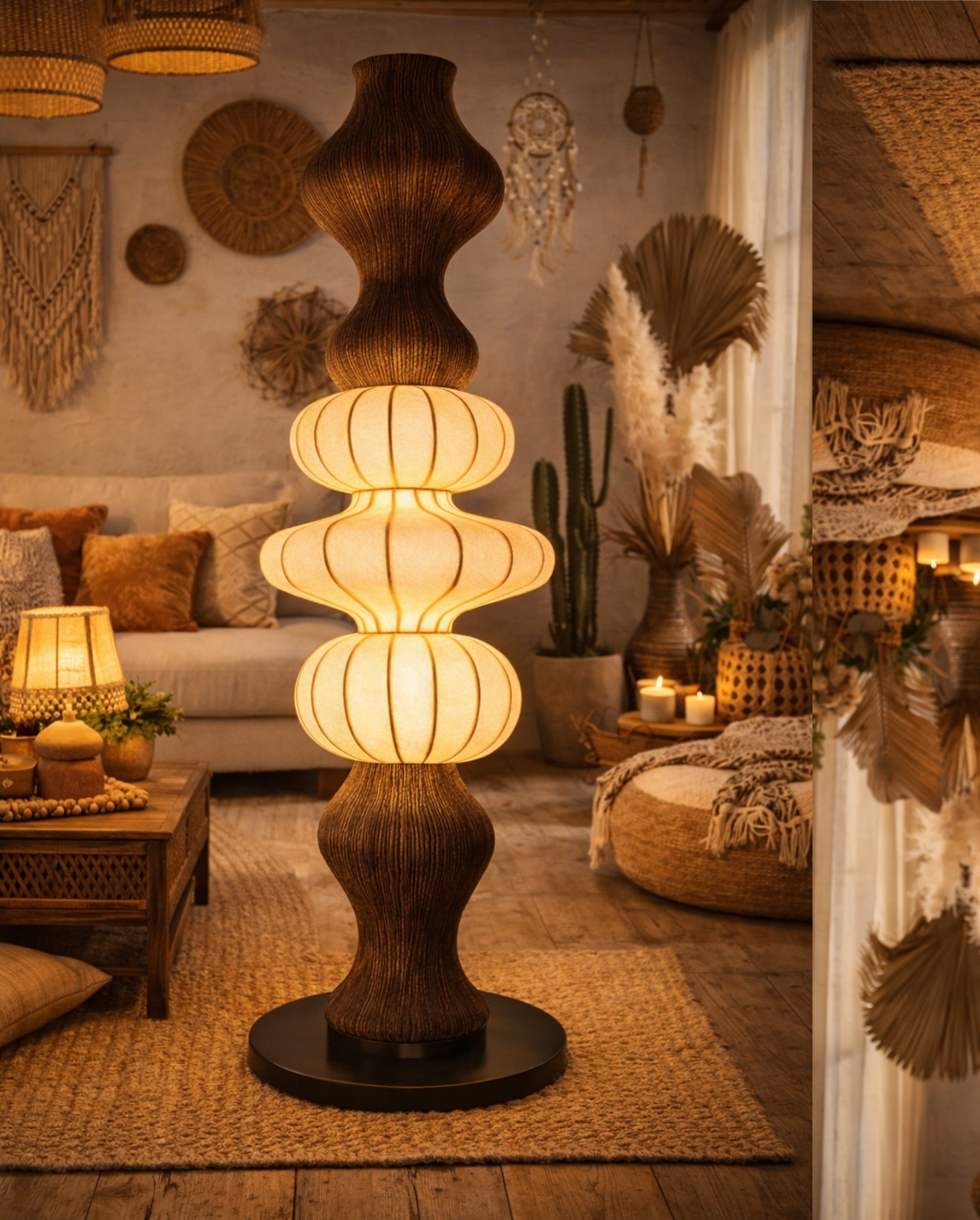 White Fabric & Rattan Japanese Style Floor Lamp | Living Room, Bedroom, Hotel, Residential Space LP-103