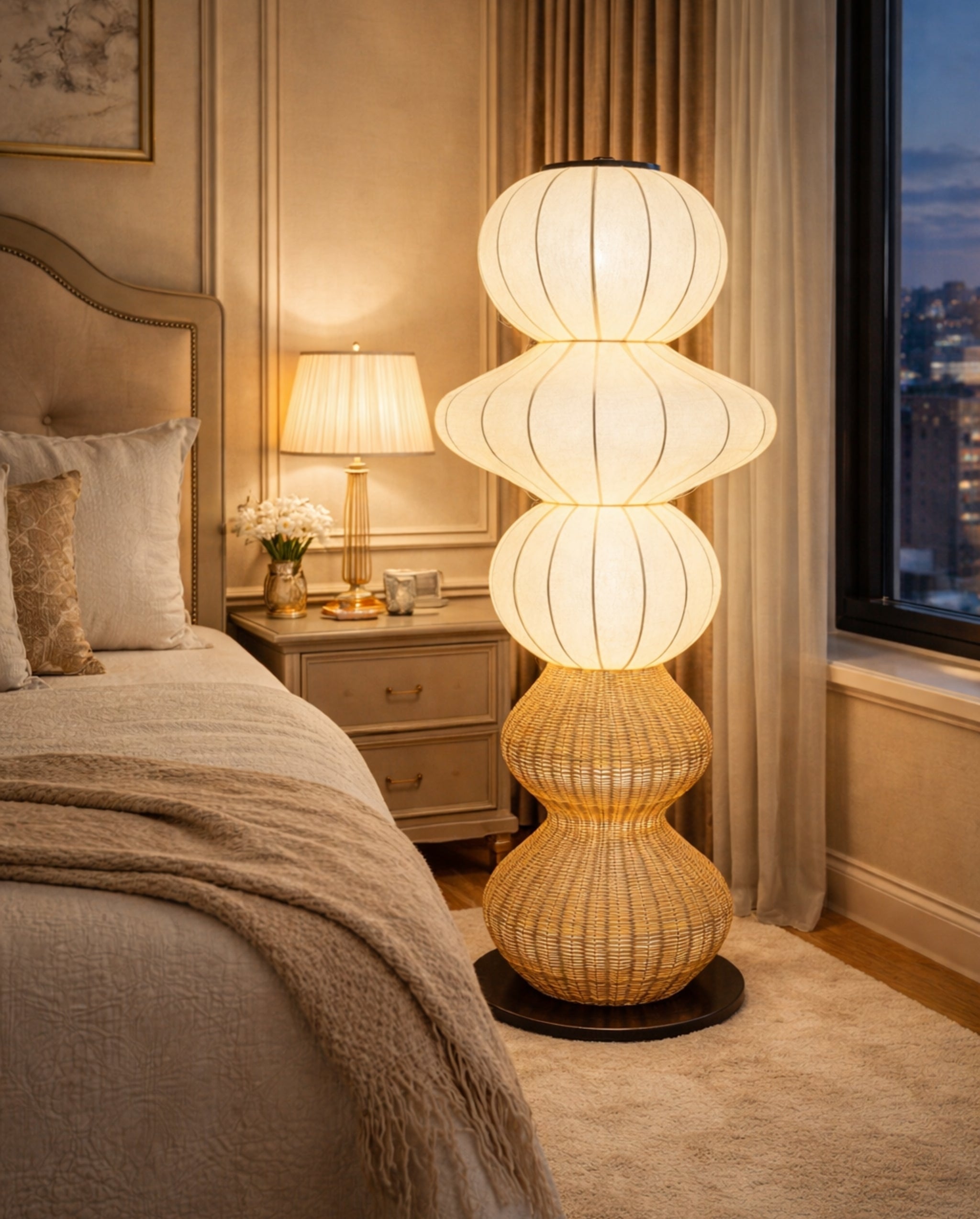 White Fabric & Rattan Japanese Style Floor Lamp | Living Room, Bedroom, Hotel, Residential Space LP-98