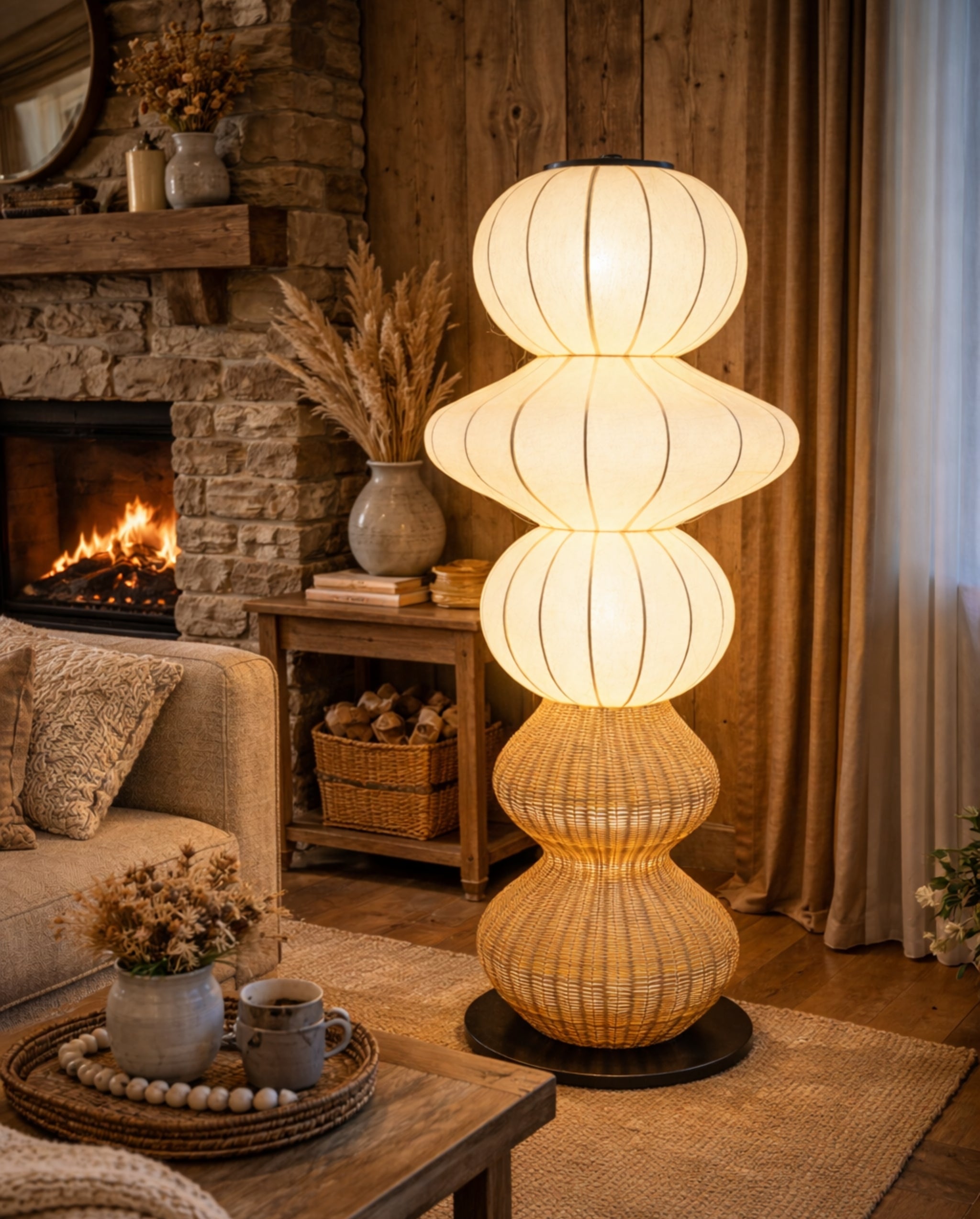 White Fabric & Rattan Japanese Style Floor Lamp | Living Room, Bedroom, Hotel, Residential Space LP-98