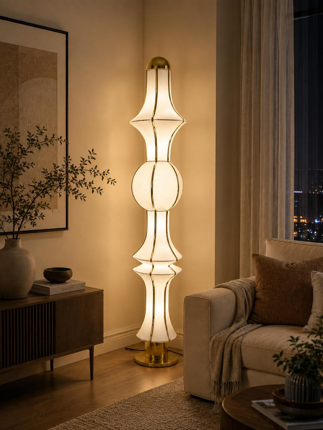Off-White Fabric Japanese Style Floor Lamp with Golden Finish | Living Room, Bedroom, Hotel & Residential Space | LP-124