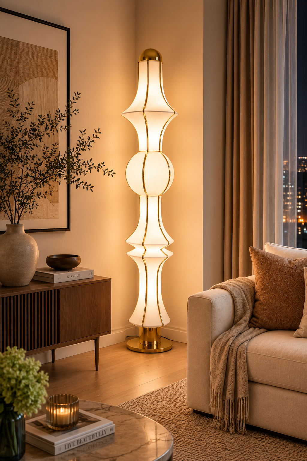 Off-White Fabric Japanese Style Floor Lamp with Golden Finish | Living Room, Bedroom, Hotel & Residential Space | LP-124