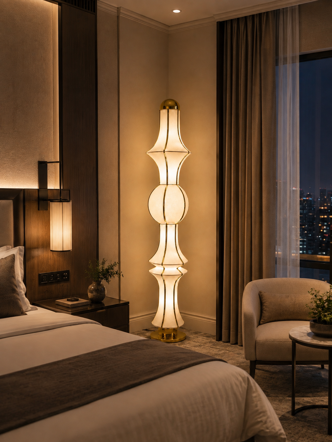 Off-White Fabric Japanese Style Floor Lamp with Golden Finish | Living Room, Bedroom, Hotel & Residential Space | LP-124