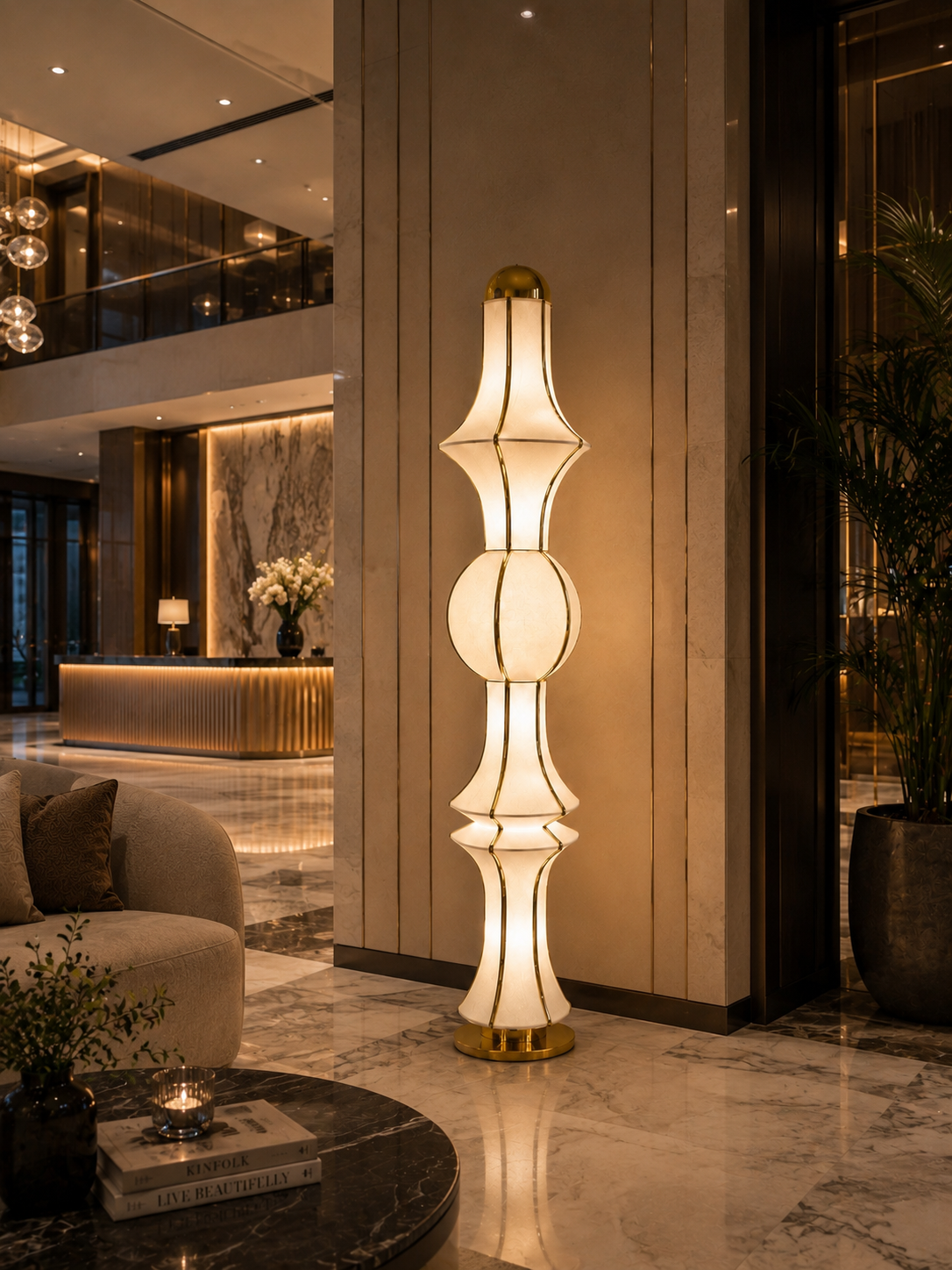 Off-White Fabric Japanese Style Floor Lamp with Golden Finish | Living Room, Bedroom, Hotel & Residential Space | LP-124