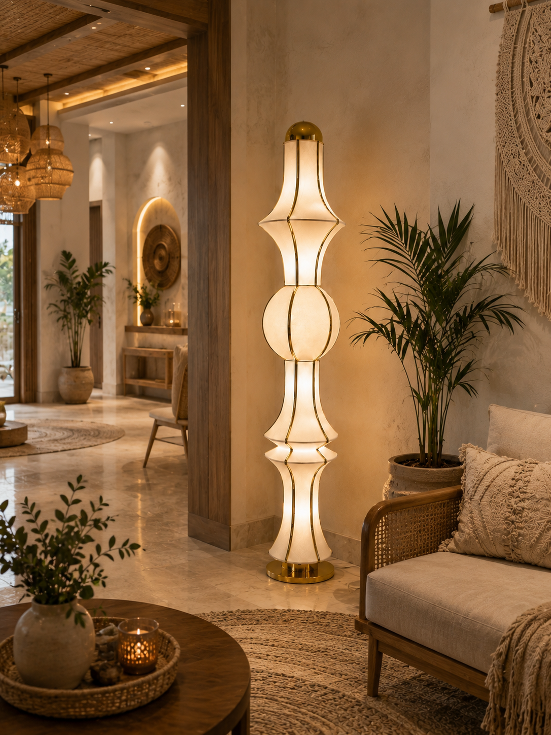Off-White Fabric Japanese Style Floor Lamp with Golden Finish | Living Room, Bedroom, Hotel & Residential Space | LP-124