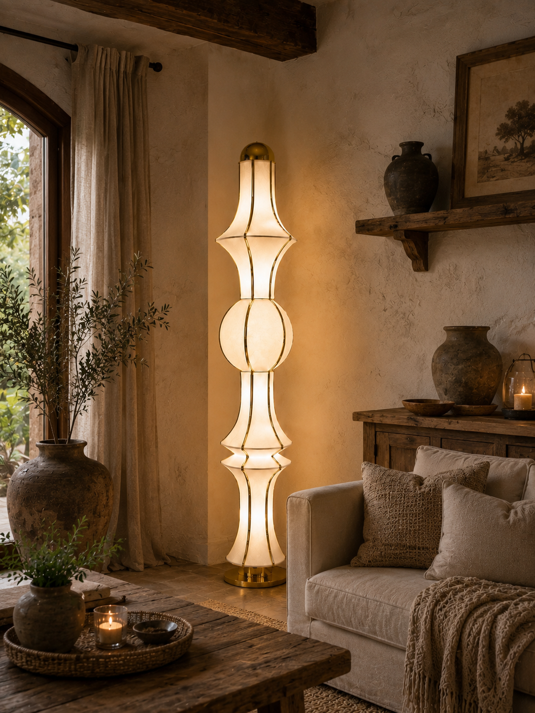 Off-White Fabric Japanese Style Floor Lamp with Golden Finish | Living Room, Bedroom, Hotel & Residential Space | LP-124