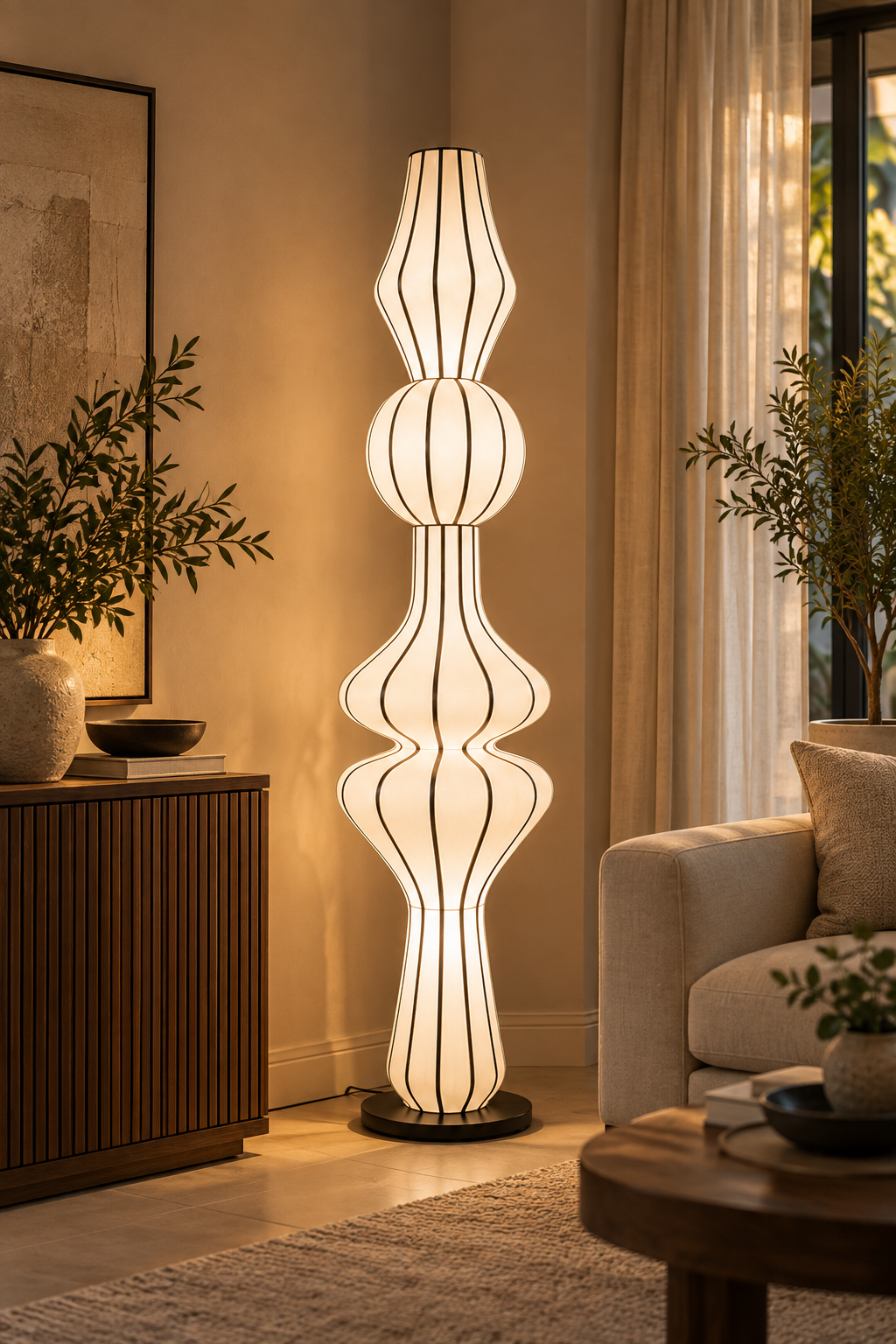 Balbeni Flow Lamp Family | Off-White Fabric Japanese Style Sculptural Floor, Table, Hanging & Wall Lamps LP-125