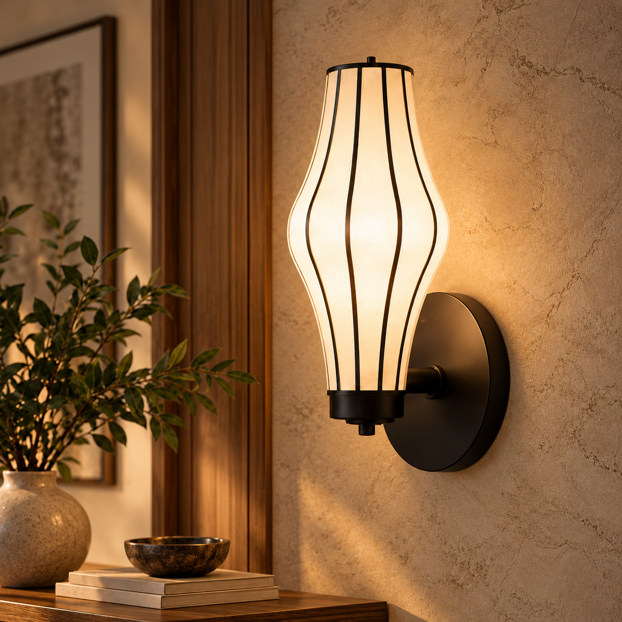 Japanese Style Off-White Fabric Wall Lamp with Black Metal Frame | Luxury Wall Light LP-126