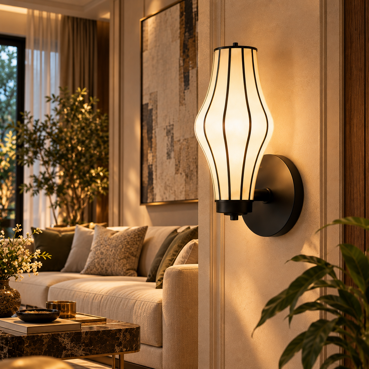 Japanese Style Off-White Fabric Wall Lamp with Black Metal Frame | Luxury Wall Light LP-126