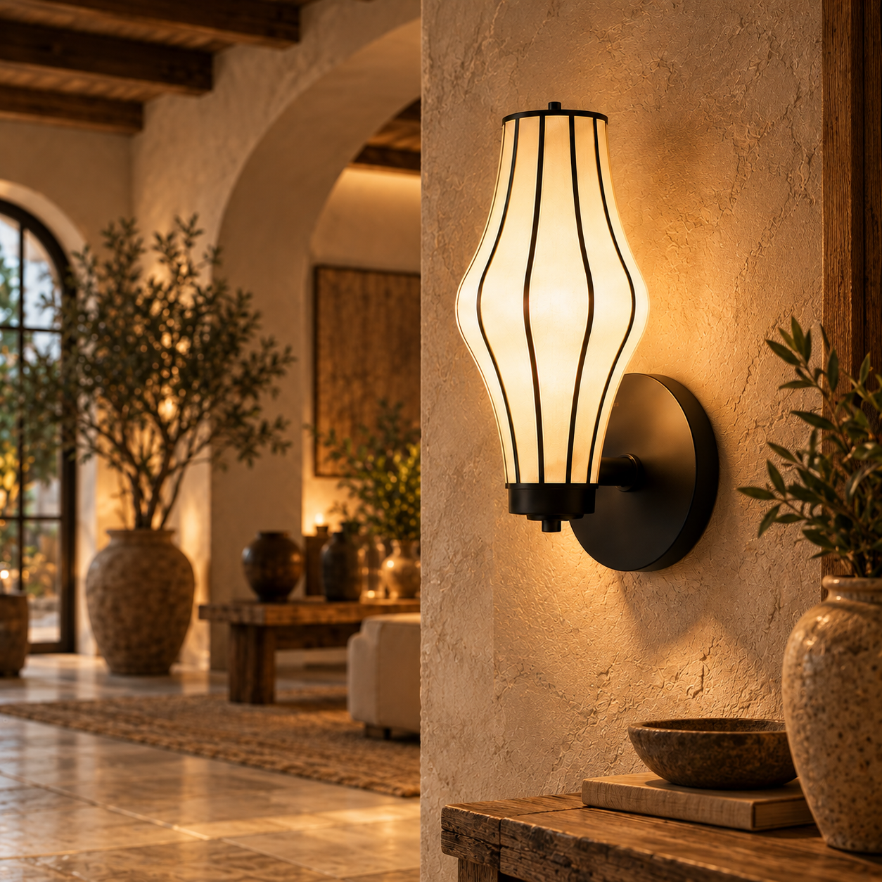Japanese Style Off-White Fabric Wall Lamp with Black Metal Frame | Luxury Wall Light LP-126