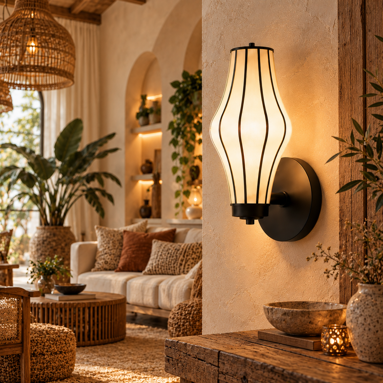 Japanese Style Off-White Fabric Wall Lamp with Black Metal Frame | Luxury Wall Light LP-126