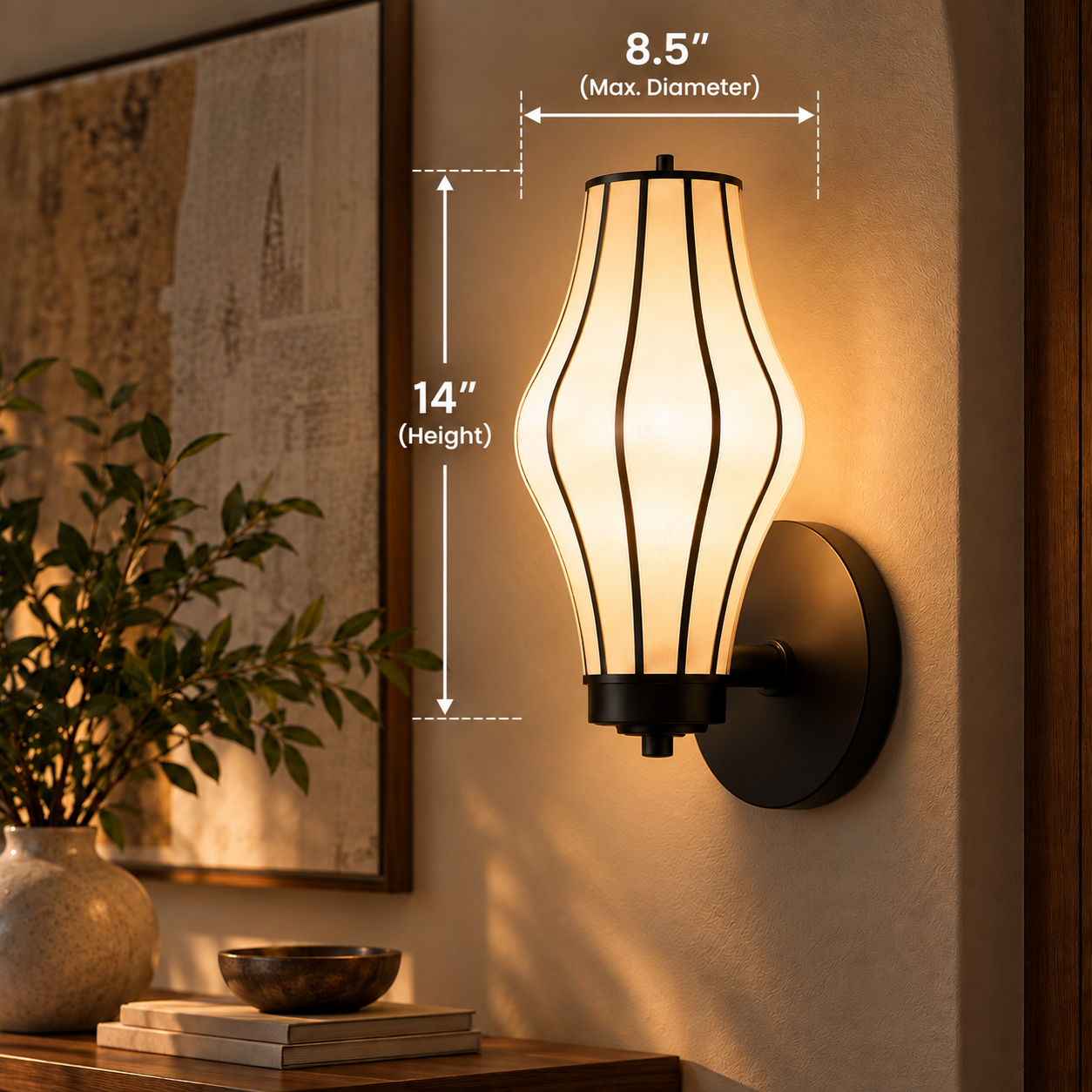 Japanese Style Off-White Fabric Wall Lamp with Black Metal Frame | Luxury Wall Light LP-126