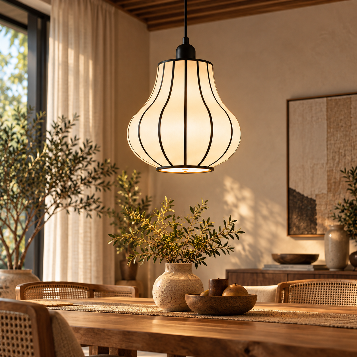 Japanese Style Off White Fabric Hanging Lamp for Bedside, Commercial & Residential Spaces | LP-127