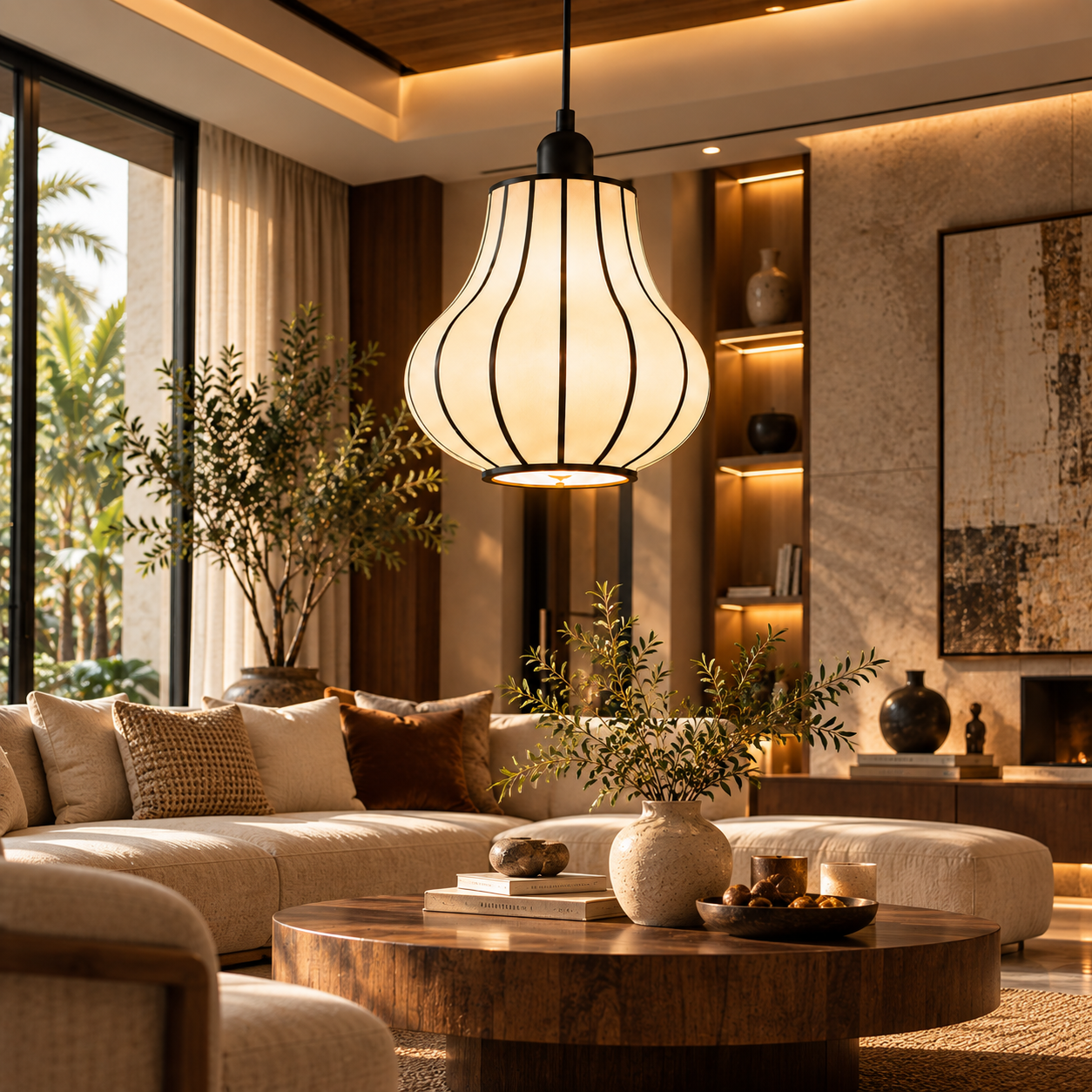 Japanese Style Off White Fabric Hanging Lamp for Bedside, Commercial & Residential Spaces | LP-127