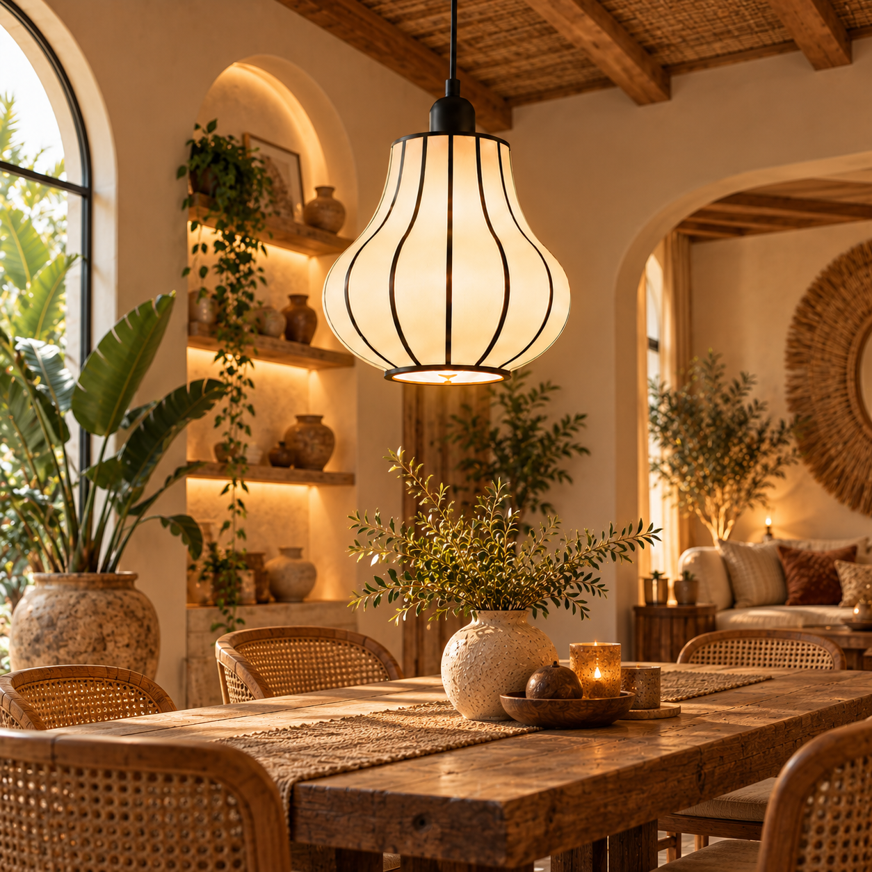 Japanese Style Off White Fabric Hanging Lamp for Bedside, Commercial & Residential Spaces | LP-127