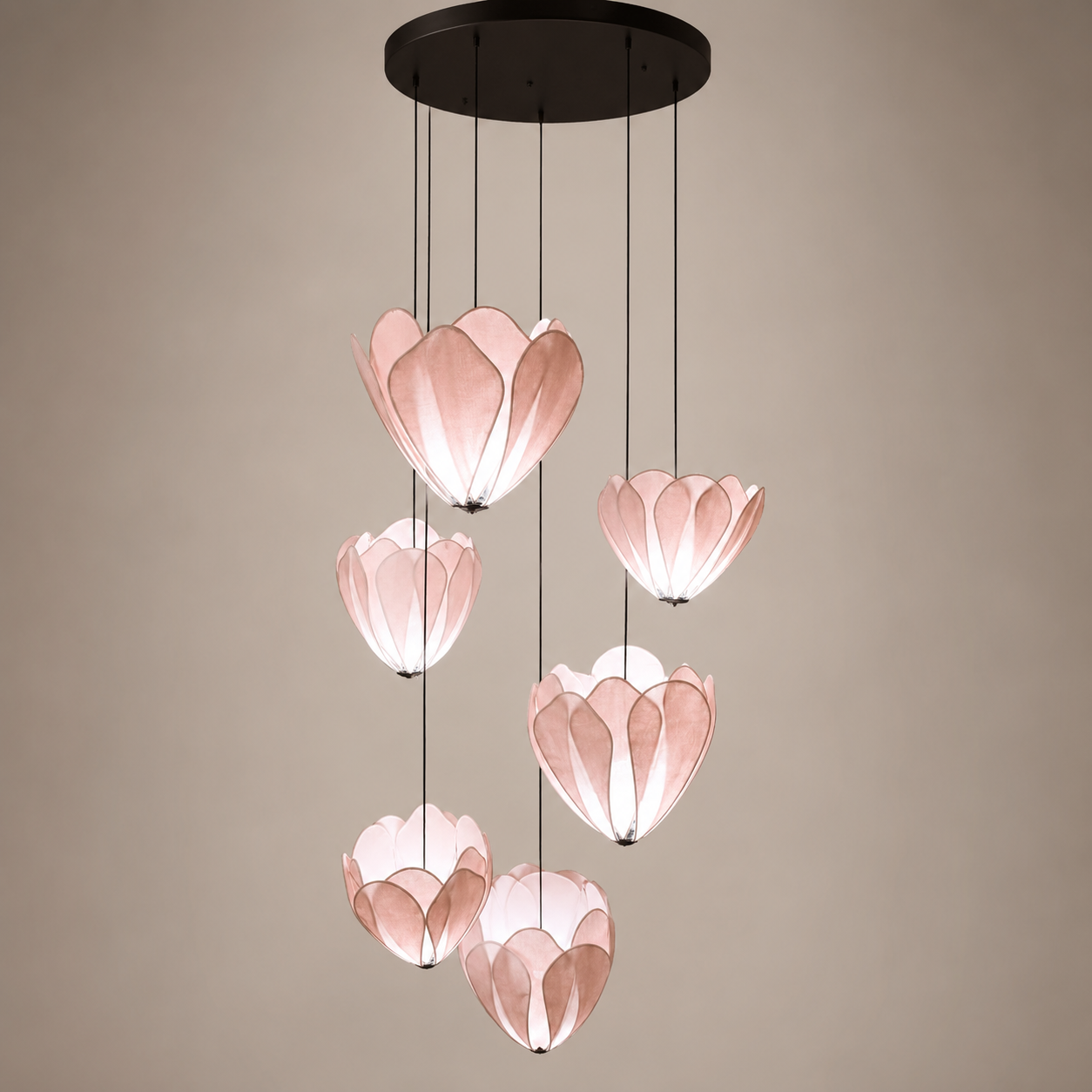 Blush Pink Fabric Japanese Style Hanging Lamp Cluster of 6 | Double Height Chandelier for Living Room, Staircase, Hotel & Residential Space LP-114