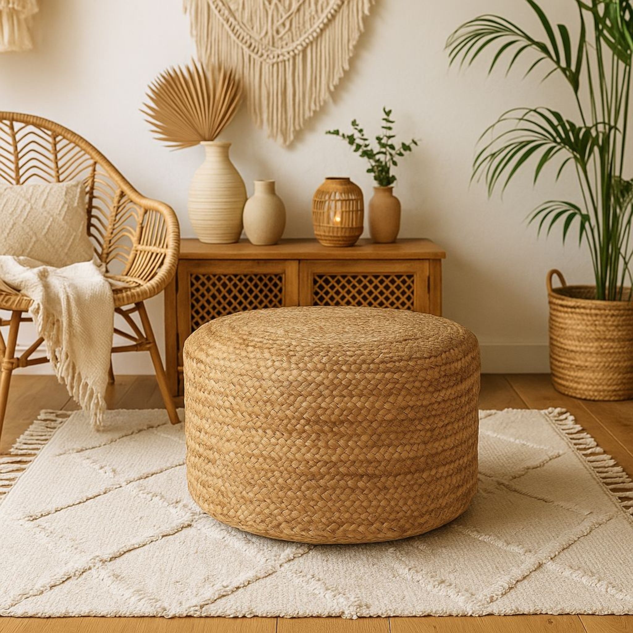 Handcrafted Jute Pouffe | Natural Woven Sitting Stool for Living Room & Bedroom