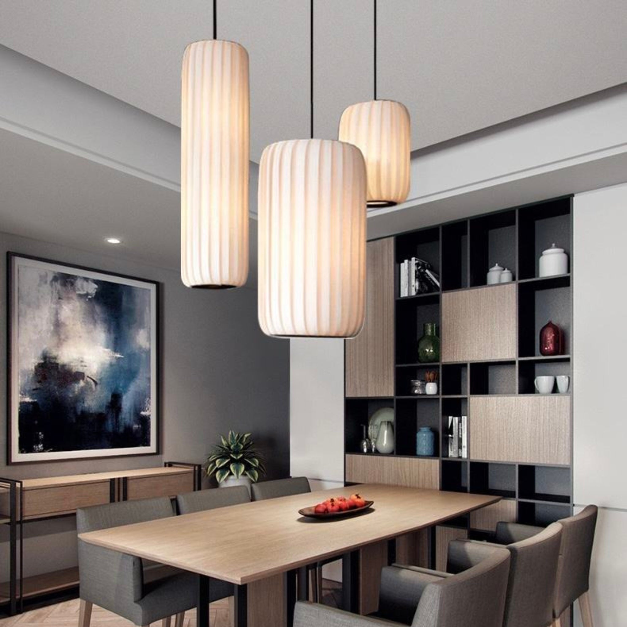 White Fabric Japanese Style Pendant Lamp Set of 3 | Living Room, Bedroom, Hotel, Residential Space LP-93