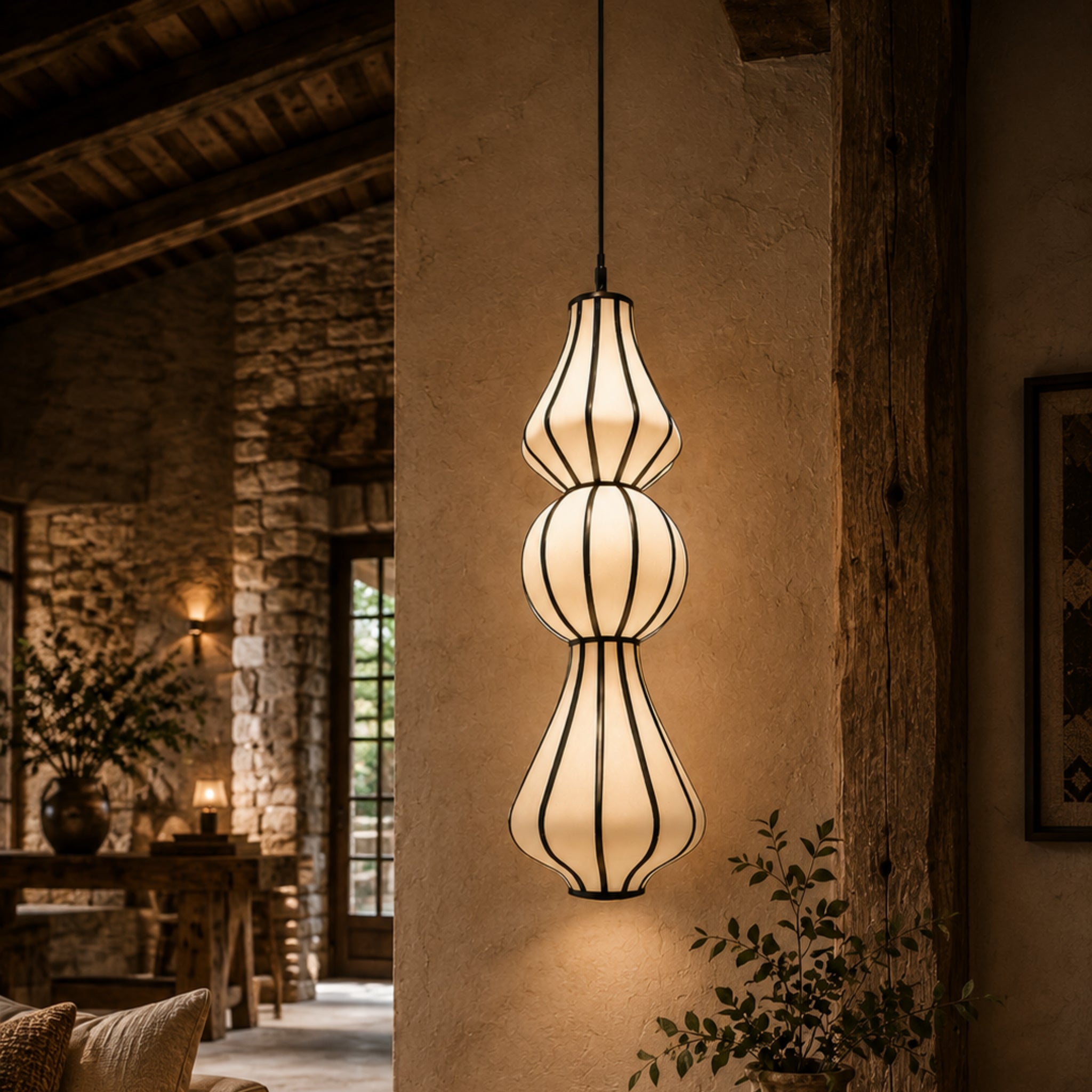 Off-White Fabric Sculptural Hanging Lamp with COB Light | Boho, Rustic & Wabi-Sabi Pendant Light LP-117