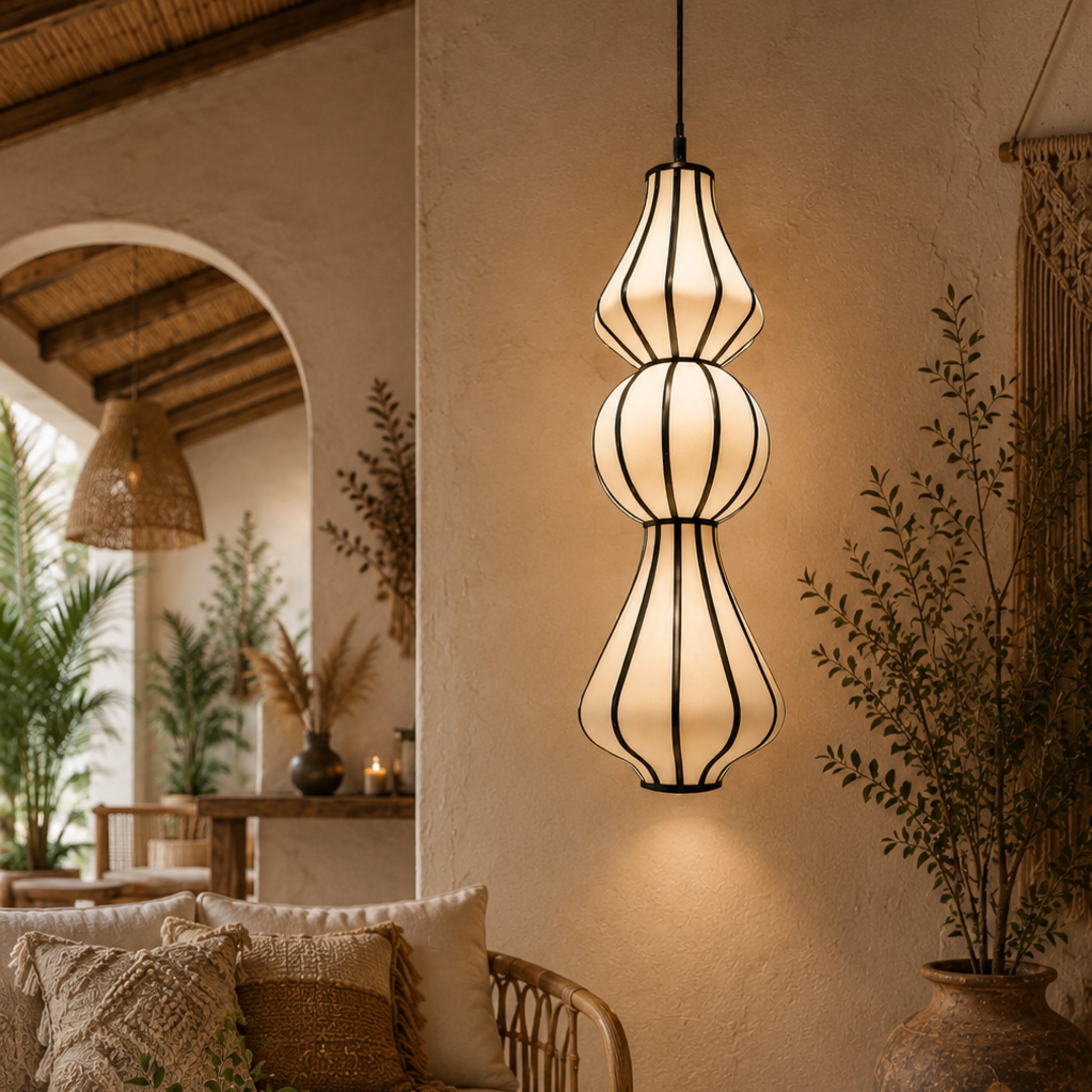 Off-White Fabric Sculptural Hanging Lamp with COB Light | Boho, Rustic & Wabi-Sabi Pendant Light LP-117
