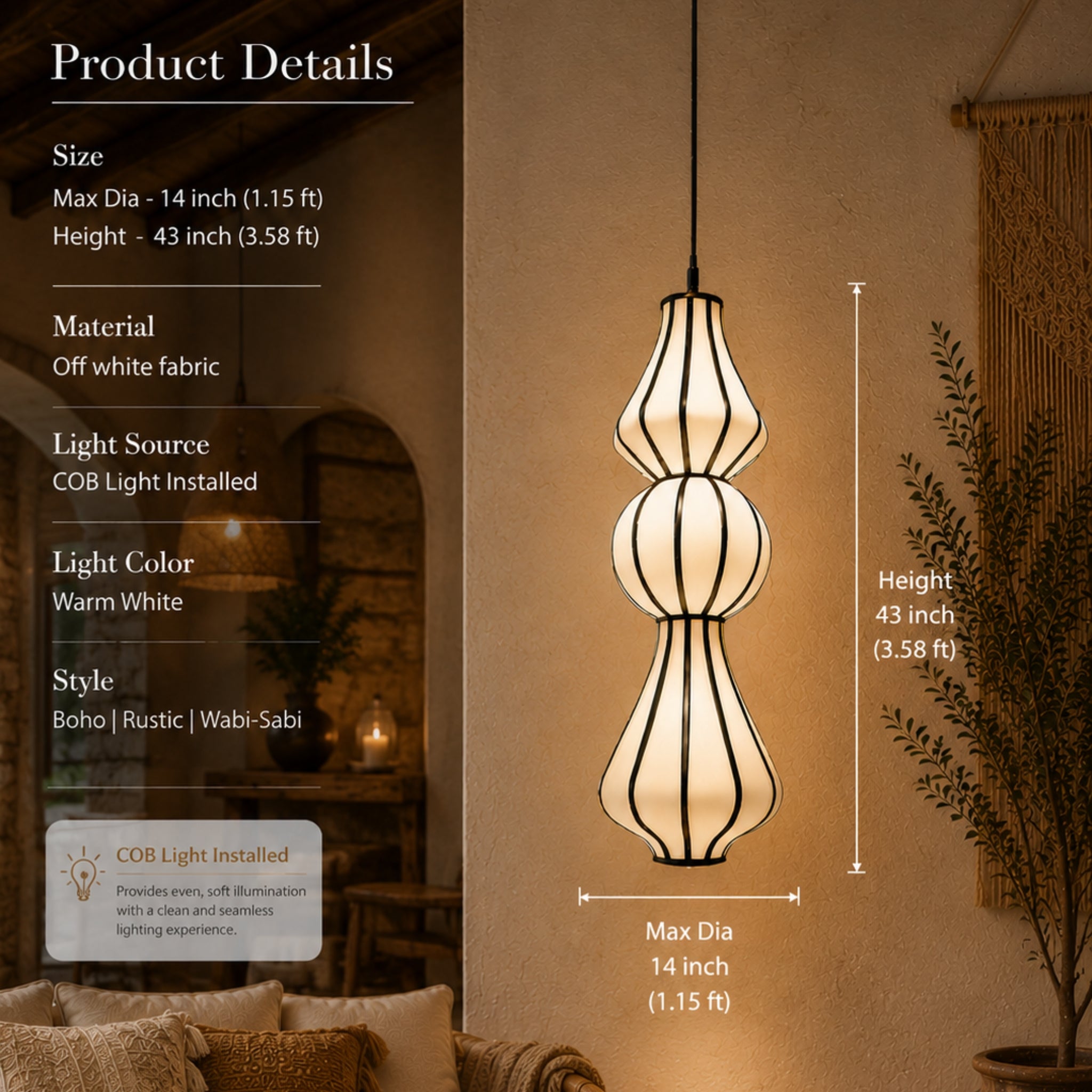Off-White Fabric Sculptural Hanging Lamp with COB Light | Boho, Rustic & Wabi-Sabi Pendant Light LP-117