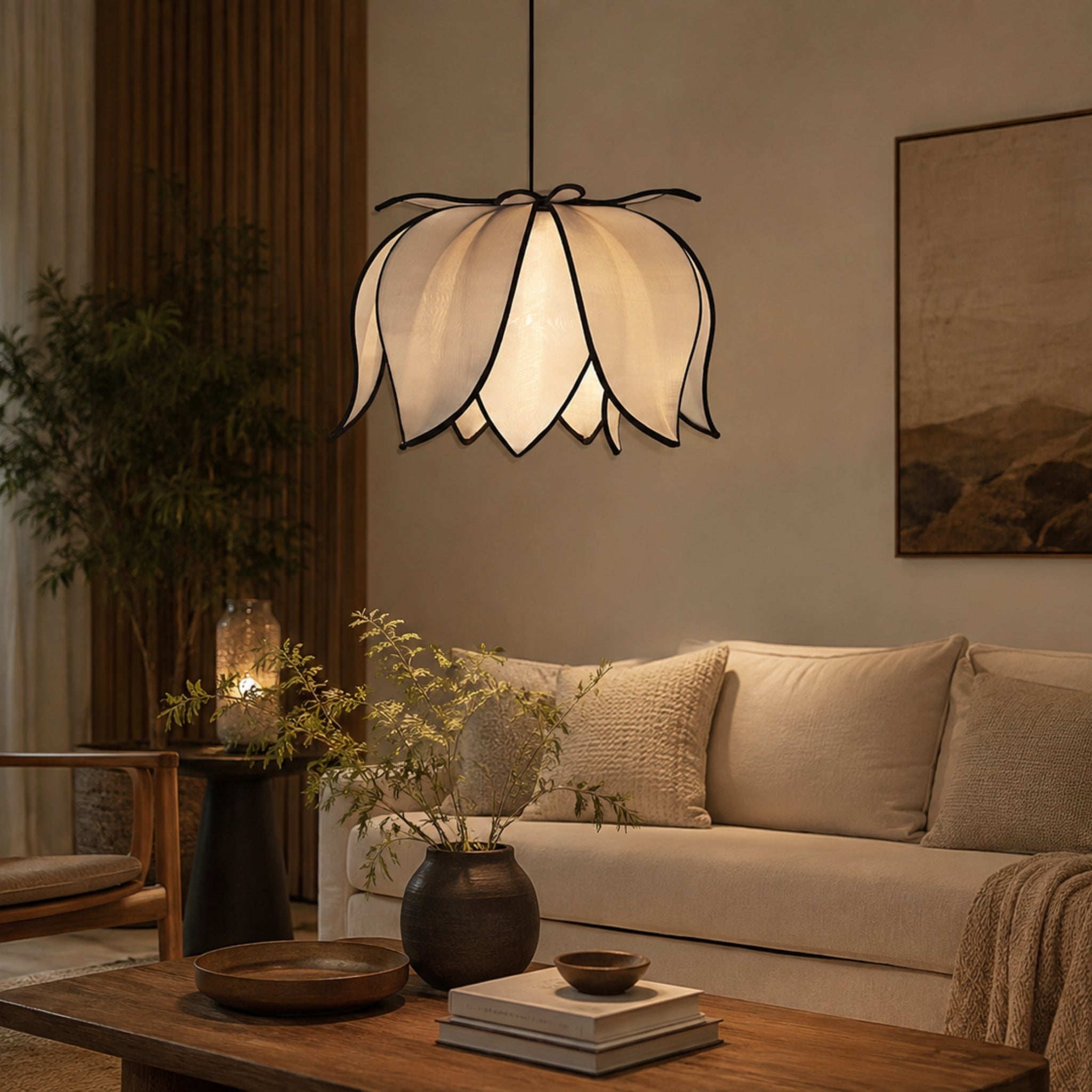 Japanese Style Lotus Shape Off White Fabric Hanging Lamp | Wabi-Sabi Pendant Light for Living Room, Bedroom, Hotel & Café | LP-121