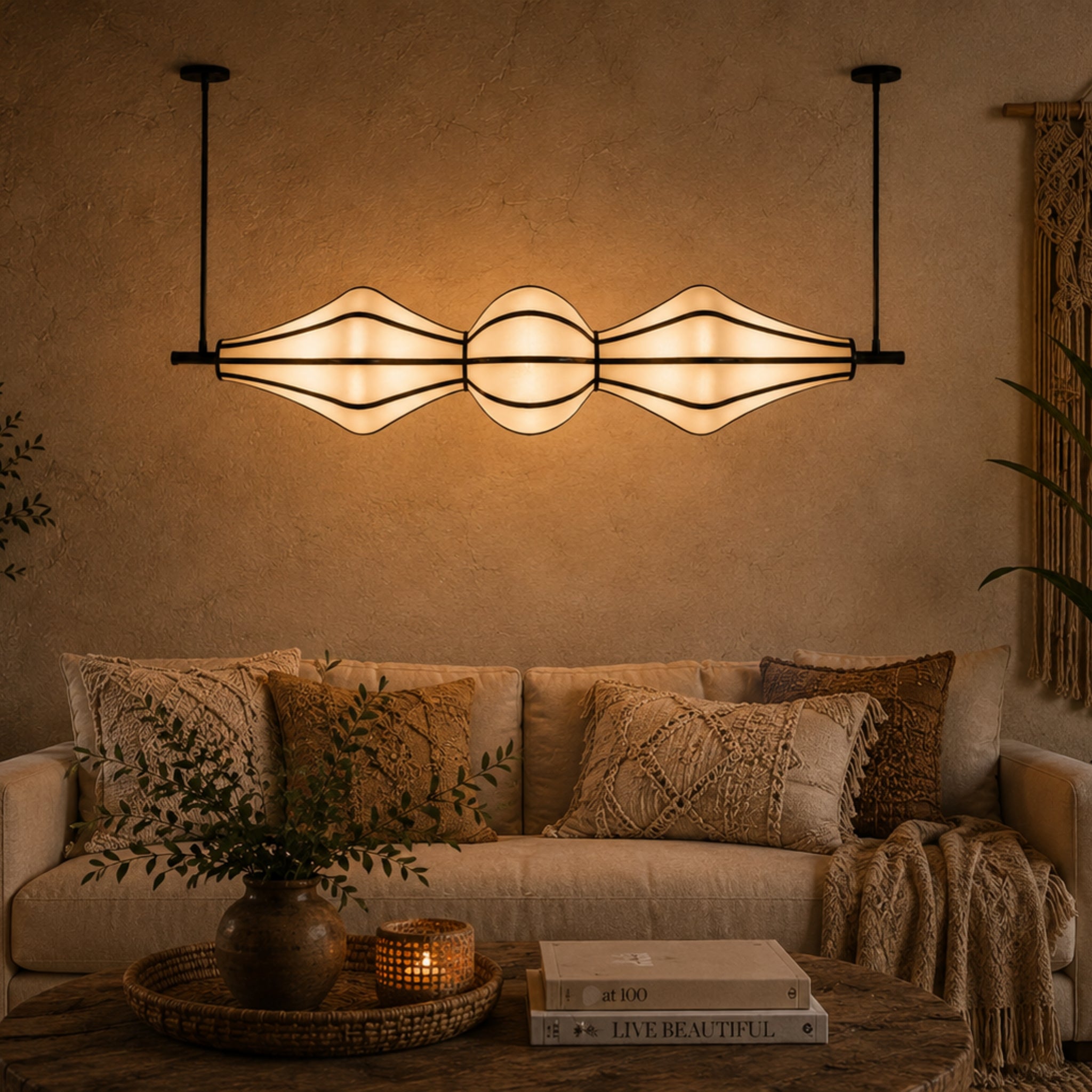 Off-White Fabric Sculptural Horizontal Hanging Lamp with COB Light | Dining Table, Living Room & Luxury Interiors