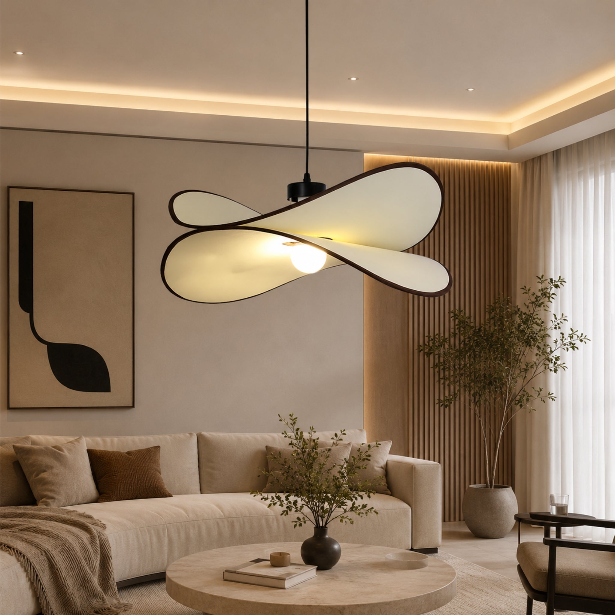 Off White Fabric Japanese Style Sculptural Hanging Lamp | Luxury Pendant Light for Living Room, Hotel & Café | LP-120