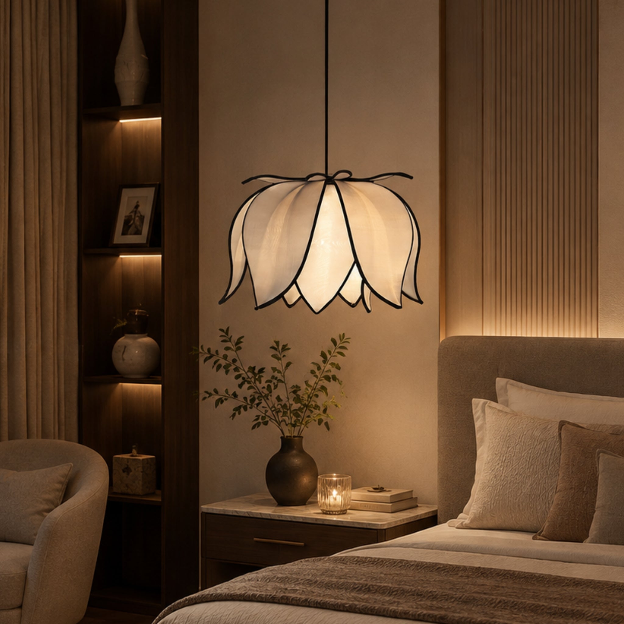 Japanese Style Lotus Shape Off White Fabric Hanging Lamp | Wabi-Sabi Pendant Light for Living Room, Bedroom, Hotel & Café | LP-121