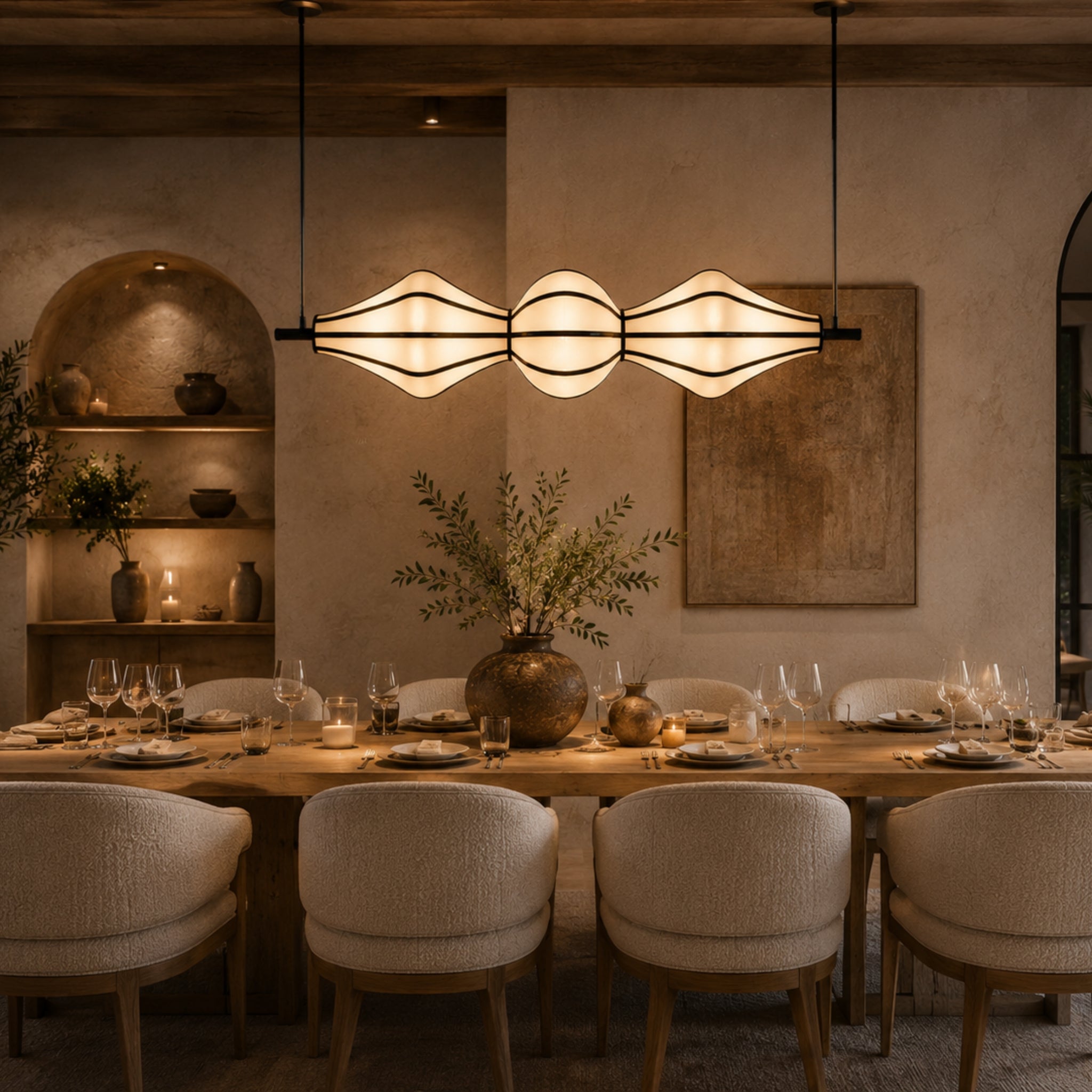 Off-White Fabric Sculptural Horizontal Hanging Lamp with COB Light | Dining Table, Living Room & Luxury Interiors