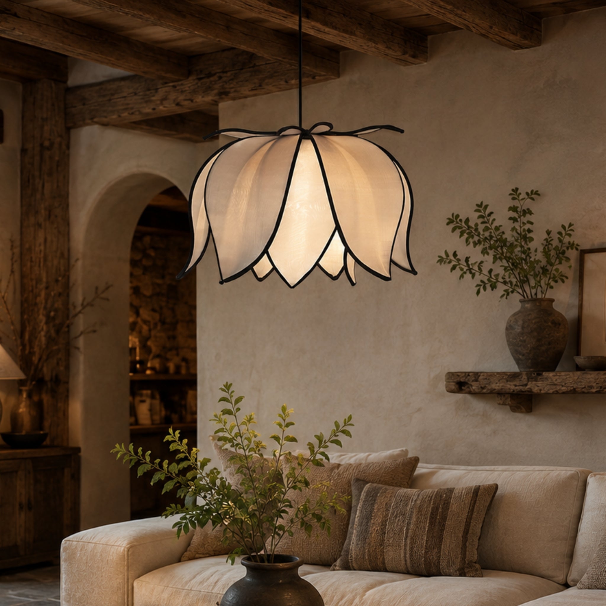Japanese Style Lotus Shape Off White Fabric Hanging Lamp | Wabi-Sabi Pendant Light for Living Room, Bedroom, Hotel & Café | LP-121