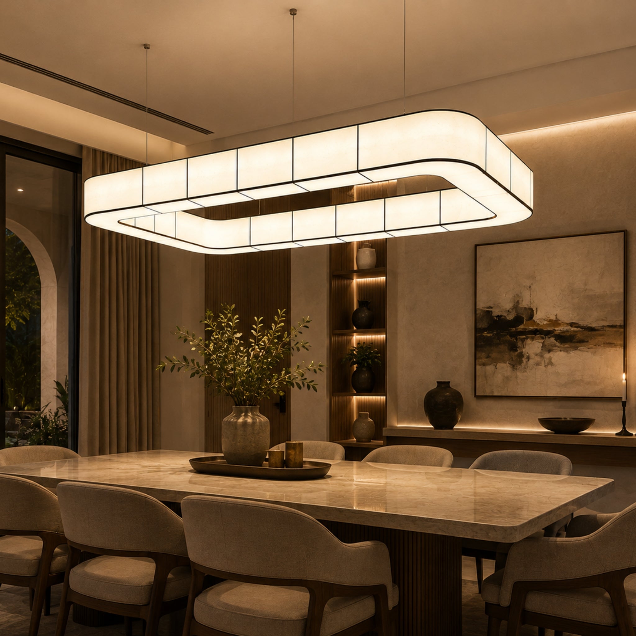 apanese Style Rectangular Fabric Hanging Lamp | 6 Feet Luxury Pendant Light for Dining, Living Room, Hotel, Café, Restaurant & Commercial Spaces LP-123