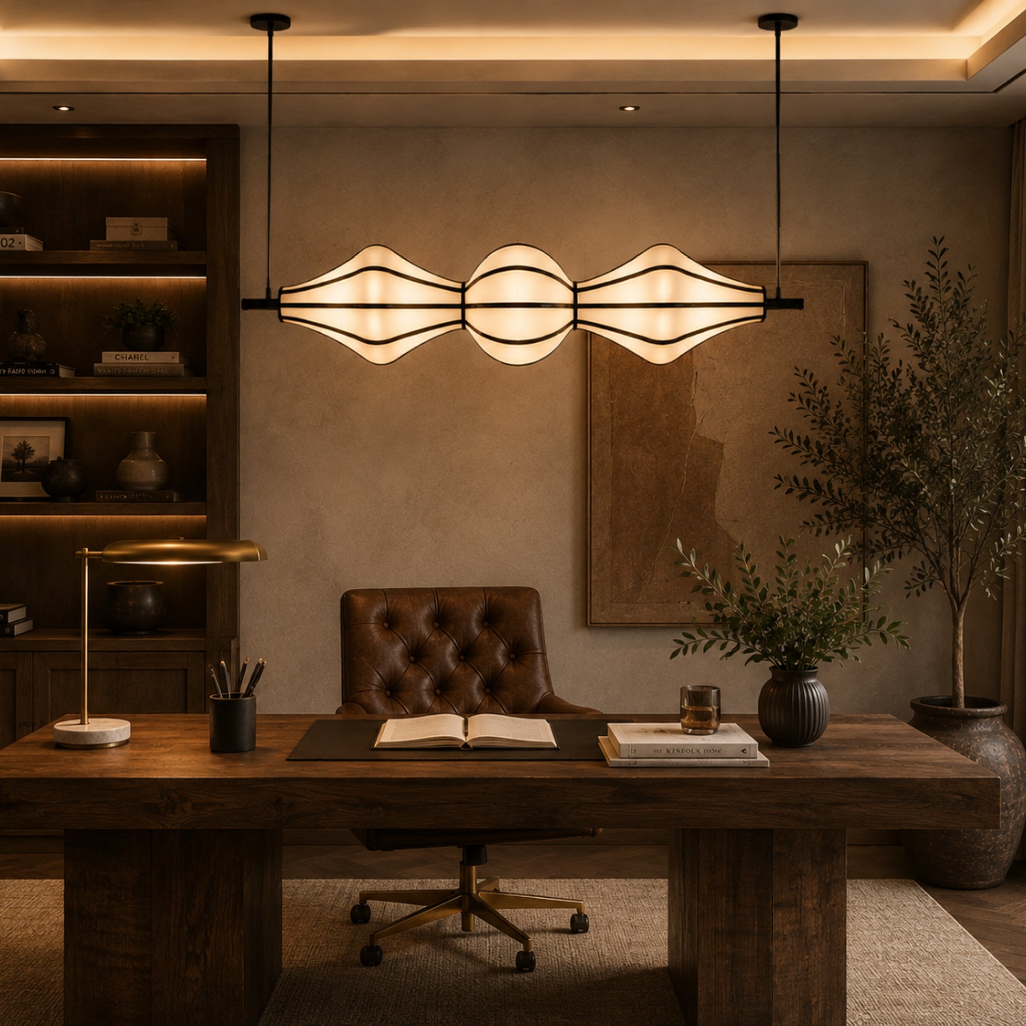 Off-White Fabric Sculptural Horizontal Hanging Lamp with COB Light | Dining Table, Living Room & Luxury Interiors
