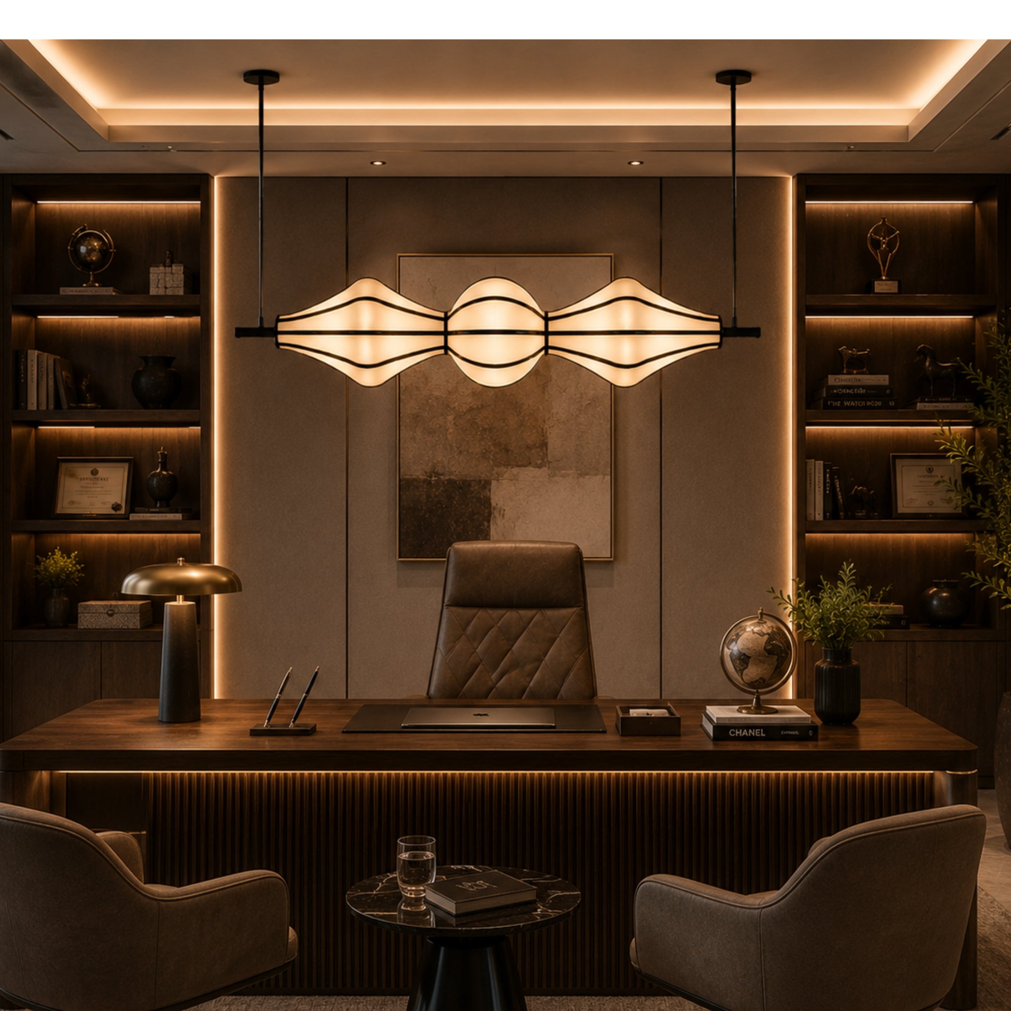 Off-White Fabric Sculptural Horizontal Hanging Lamp with COB Light | Dining Table, Living Room & Luxury Interiors