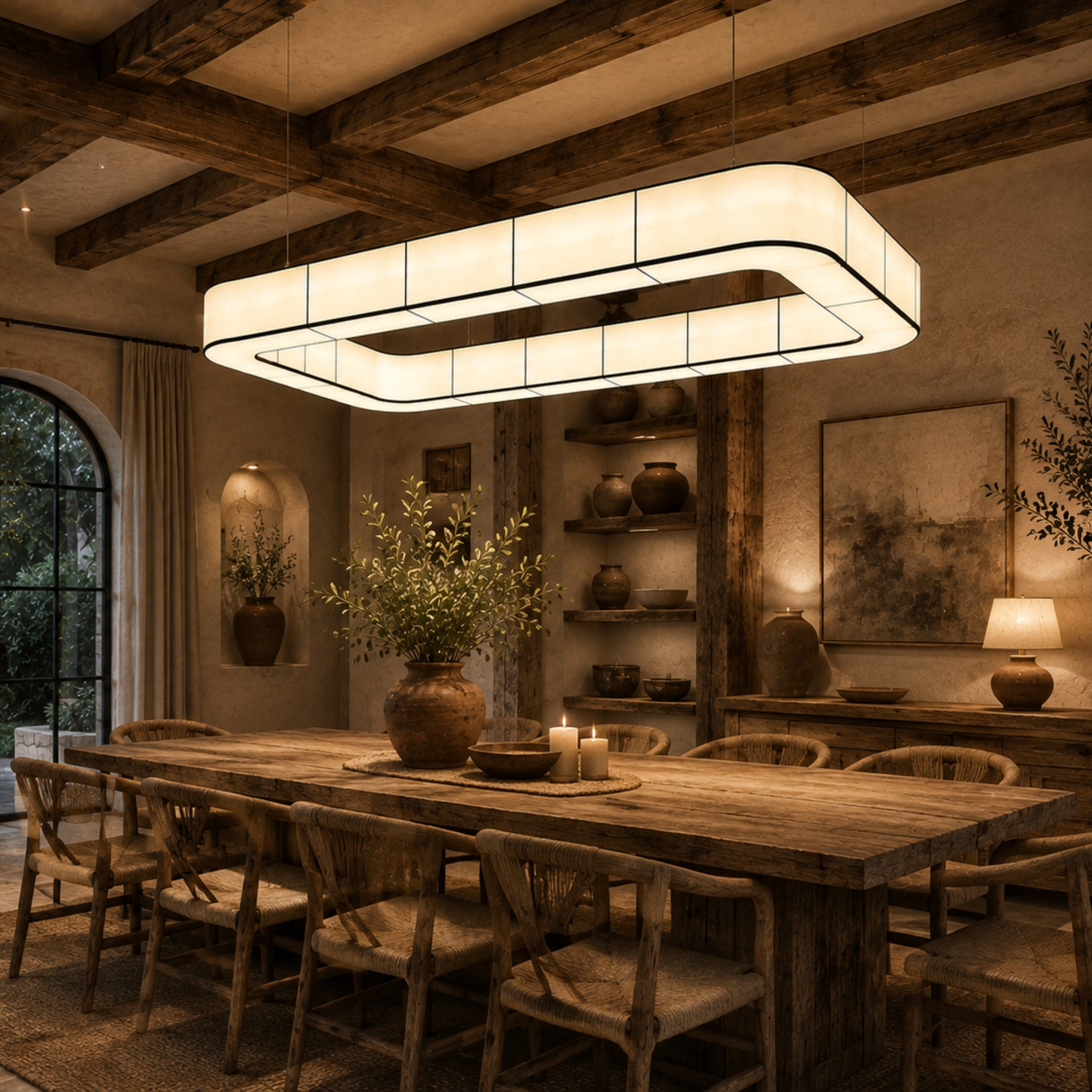 apanese Style Rectangular Fabric Hanging Lamp | 6 Feet Luxury Pendant Light for Dining, Living Room, Hotel, Café, Restaurant & Commercial Spaces LP-123
