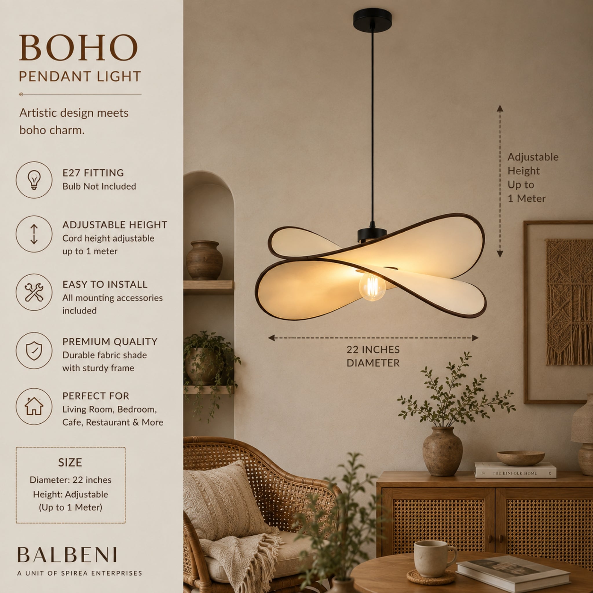 Off White Fabric Japanese Style Sculptural Hanging Lamp | Luxury Pendant Light for Living Room, Hotel & Café | LP-120