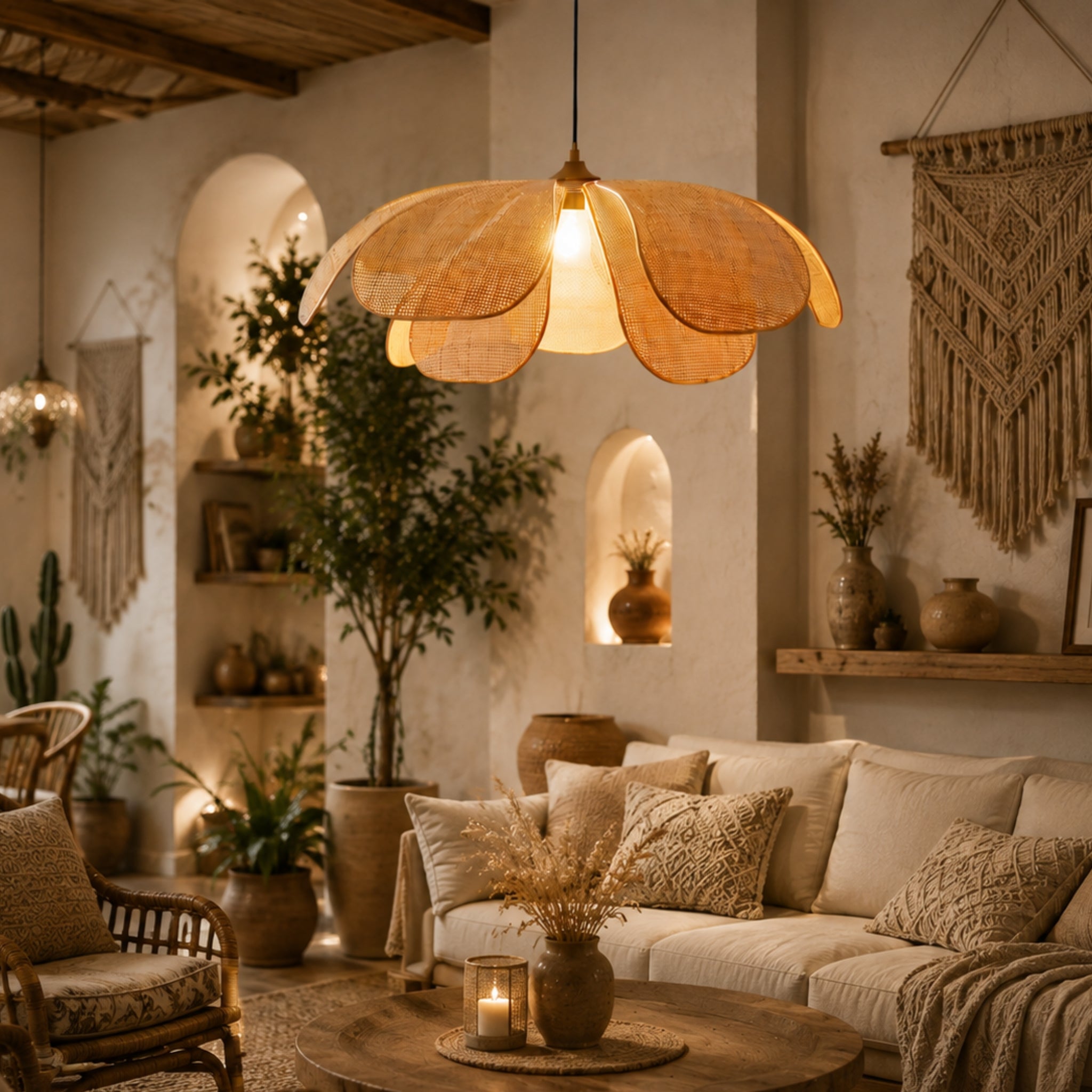 Natural Rattan Flower Style Hanging Lamp | Handcrafted Boho Pendant Light for Living Room, Bedroom, Café & Hotel LP-122