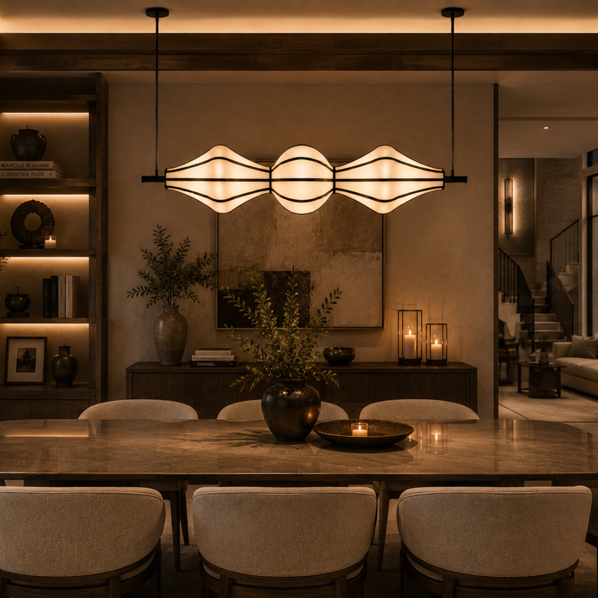Off-White Fabric Sculptural Horizontal Hanging Lamp with COB Light | Dining Table, Living Room & Luxury Interiors