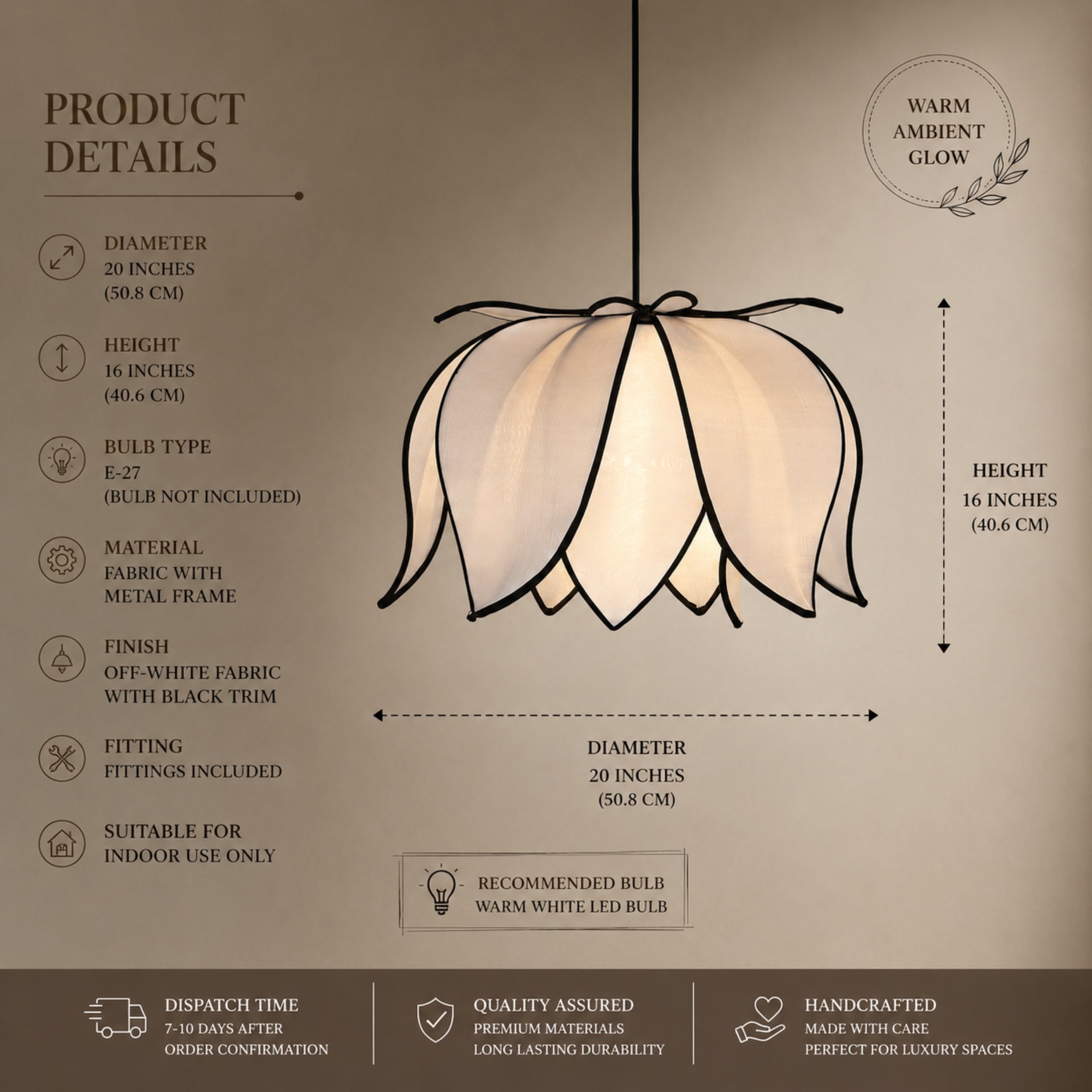 Japanese Style Lotus Shape Off White Fabric Hanging Lamp | Wabi-Sabi Pendant Light for Living Room, Bedroom, Hotel & Café | LP-121