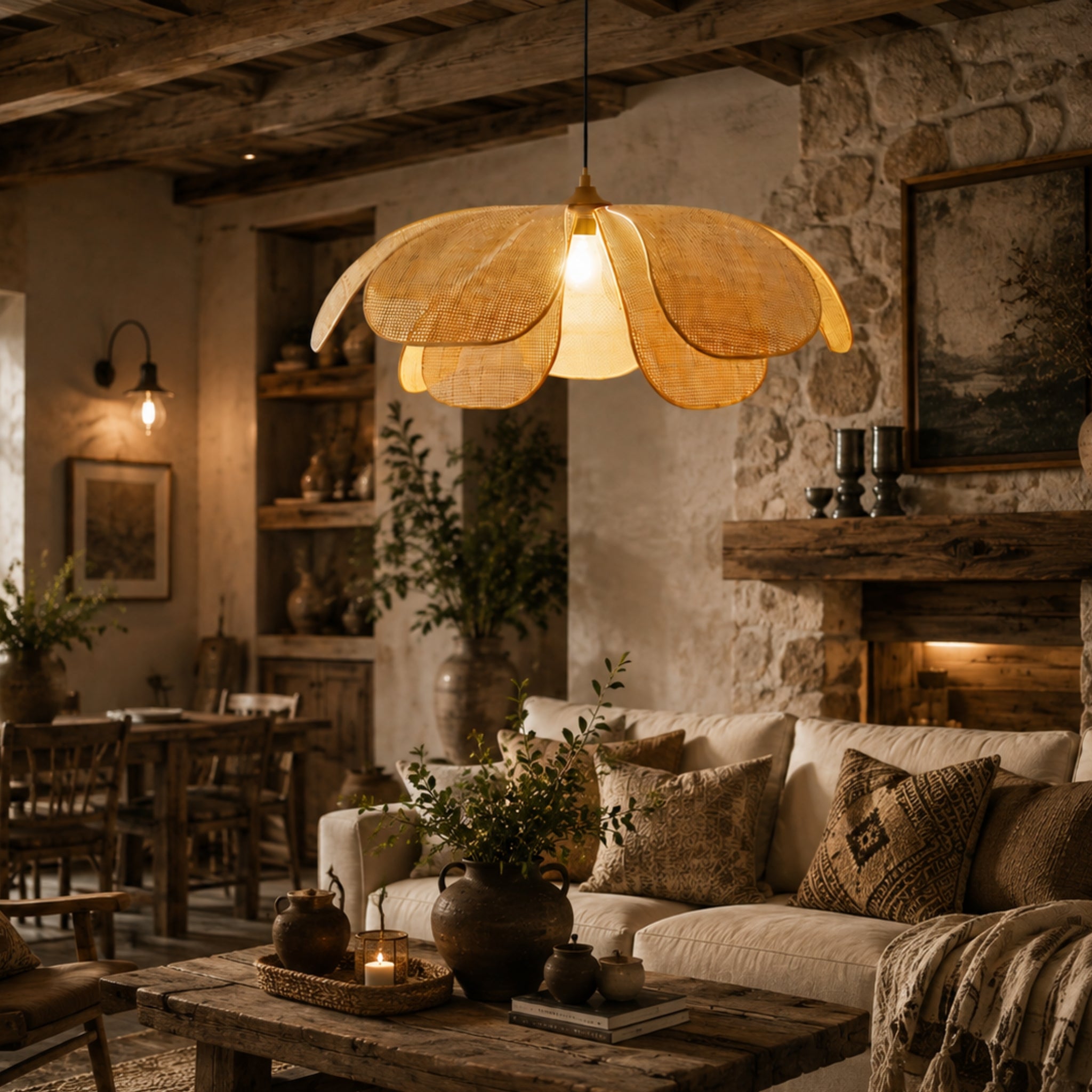 Natural Rattan Flower Style Hanging Lamp | Handcrafted Boho Pendant Light for Living Room, Bedroom, Café & Hotel LP-122