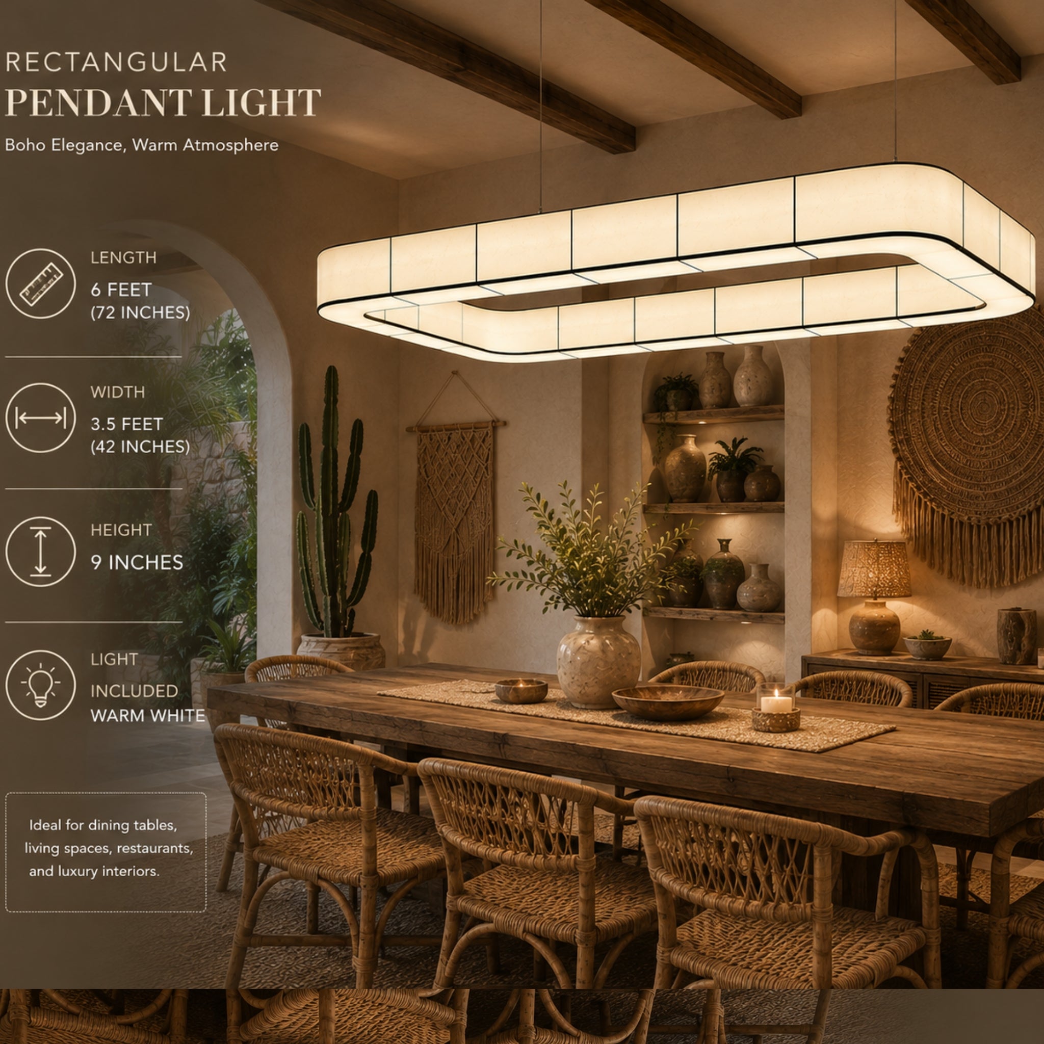 apanese Style Rectangular Fabric Hanging Lamp | 6 Feet Luxury Pendant Light for Dining, Living Room, Hotel, Café, Restaurant & Commercial Spaces LP-123