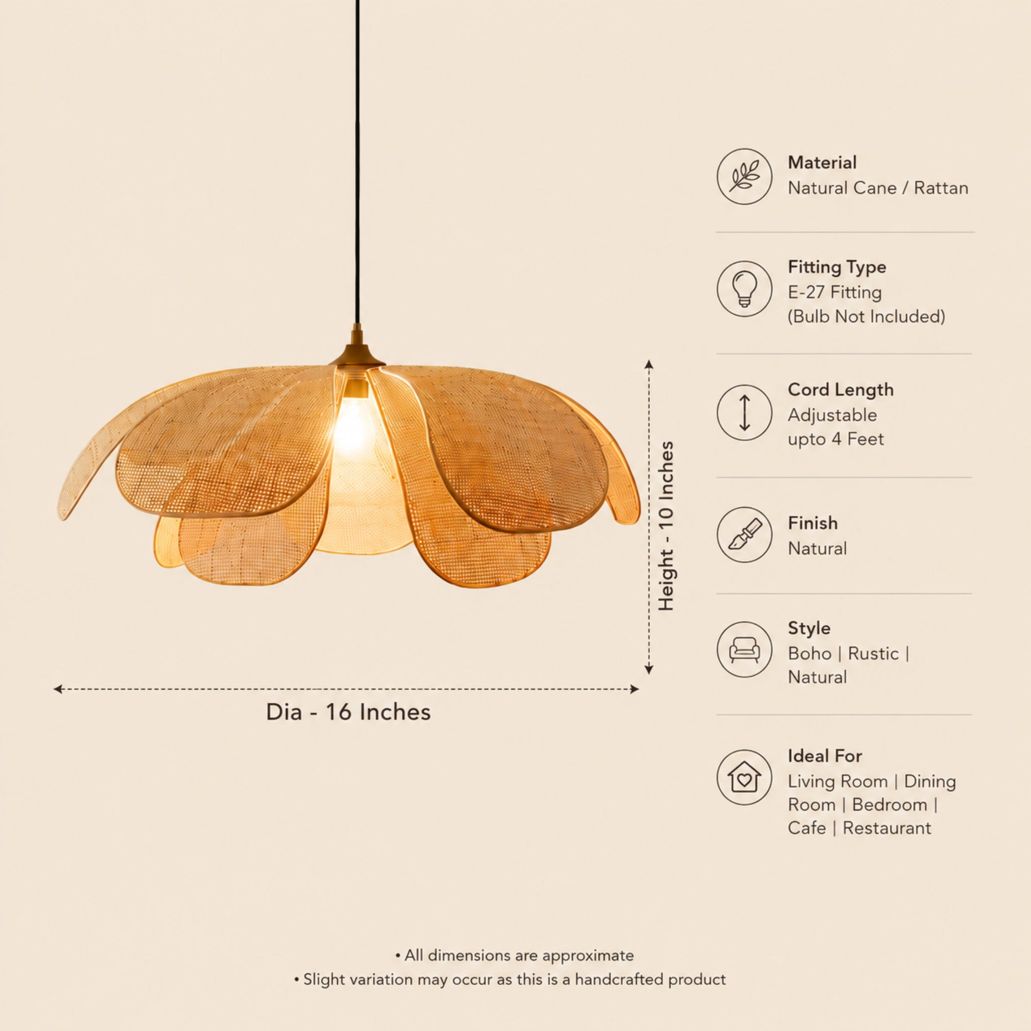 Natural Rattan Flower Style Hanging Lamp | Handcrafted Boho Pendant Light for Living Room, Bedroom, Café & Hotel LP-122